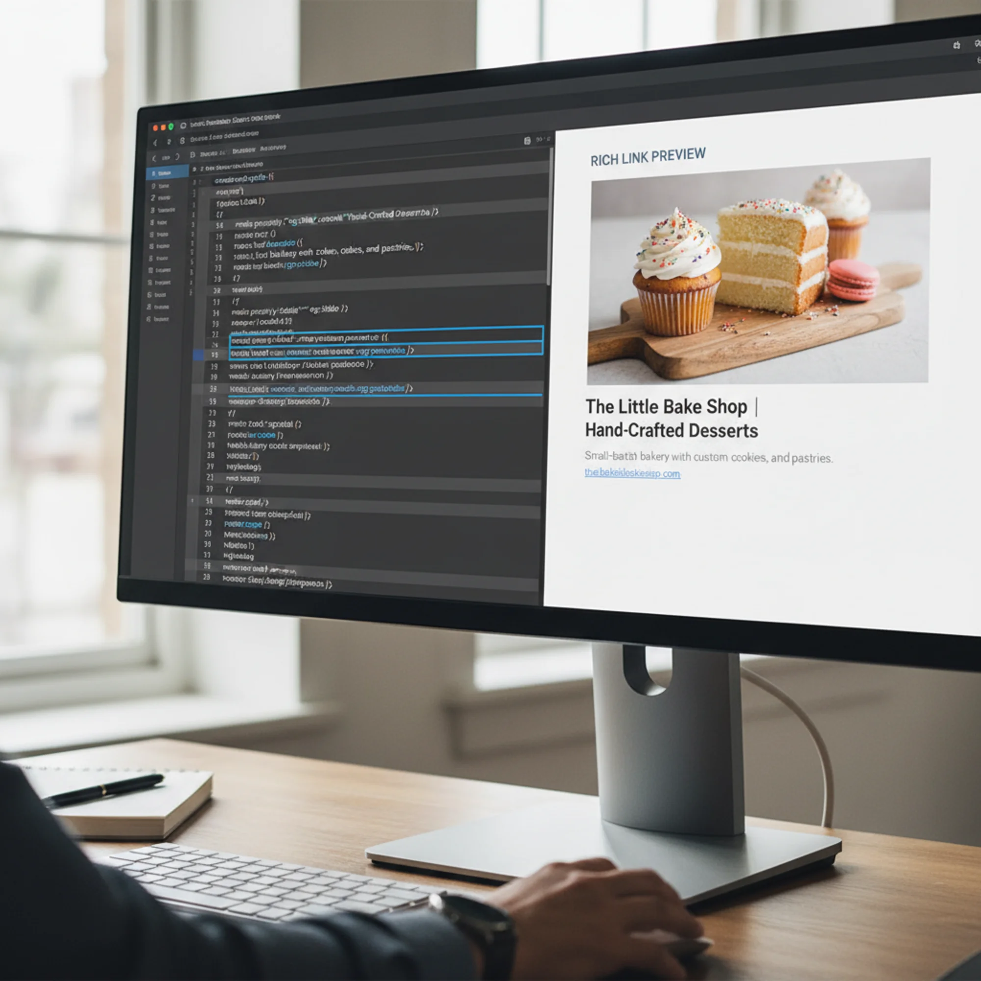A split-screen view of HTML source code on the left showing og:title, og:description, og:image meta tags being added, and on the right a social media preview debugger tool showing the resulting rich link card with proper image and text