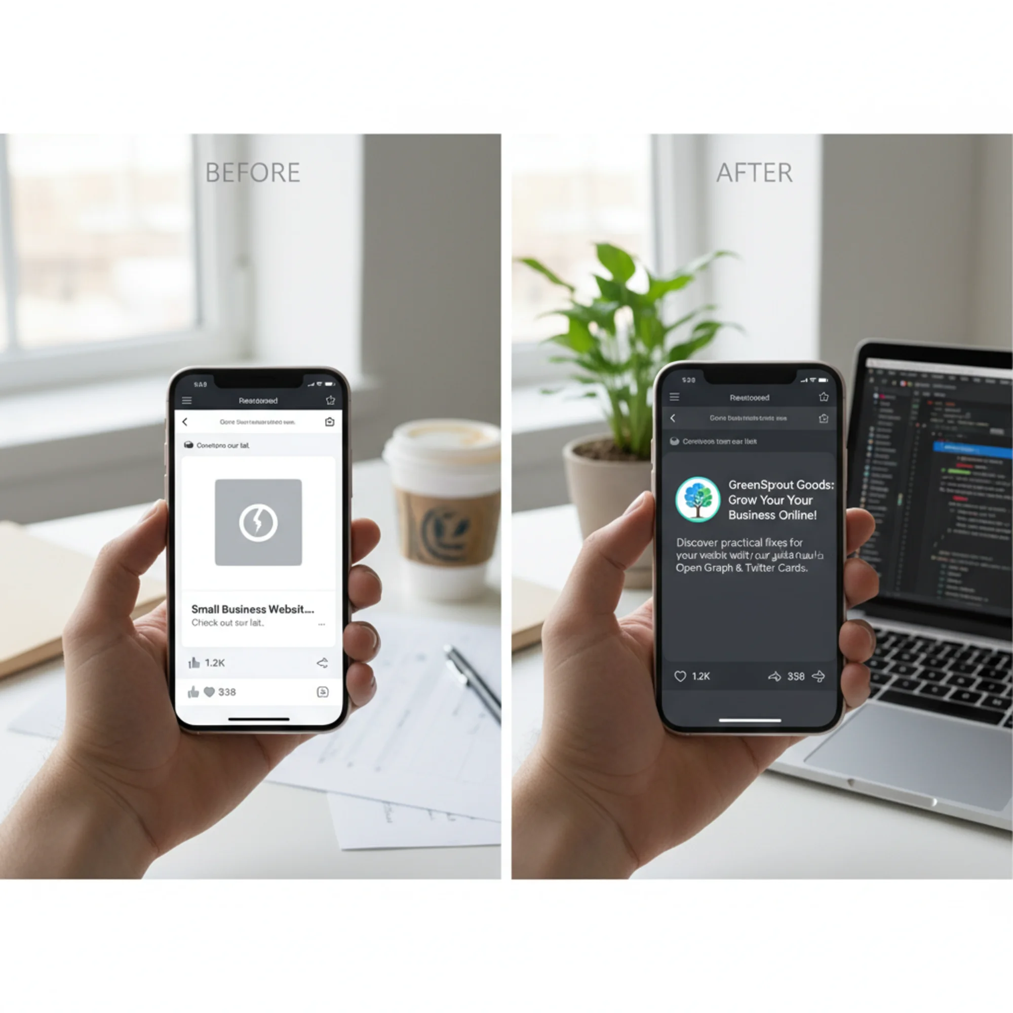 A before-and-after comparison of a small business website's social share: the before side shows a broken preview with a missing image placeholder and truncated text, the after side shows a polished card with logo, clear headline, and compelling description getting likes and shares