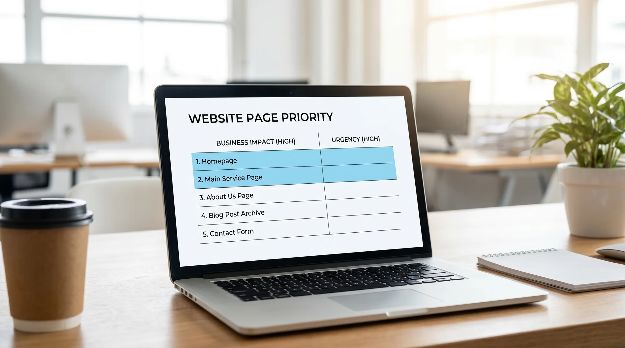 Priority matrix showing the most important website pages to optimize first