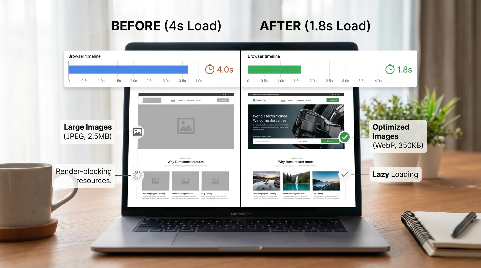Before and after comparison of a web page speed improvement after image optimization