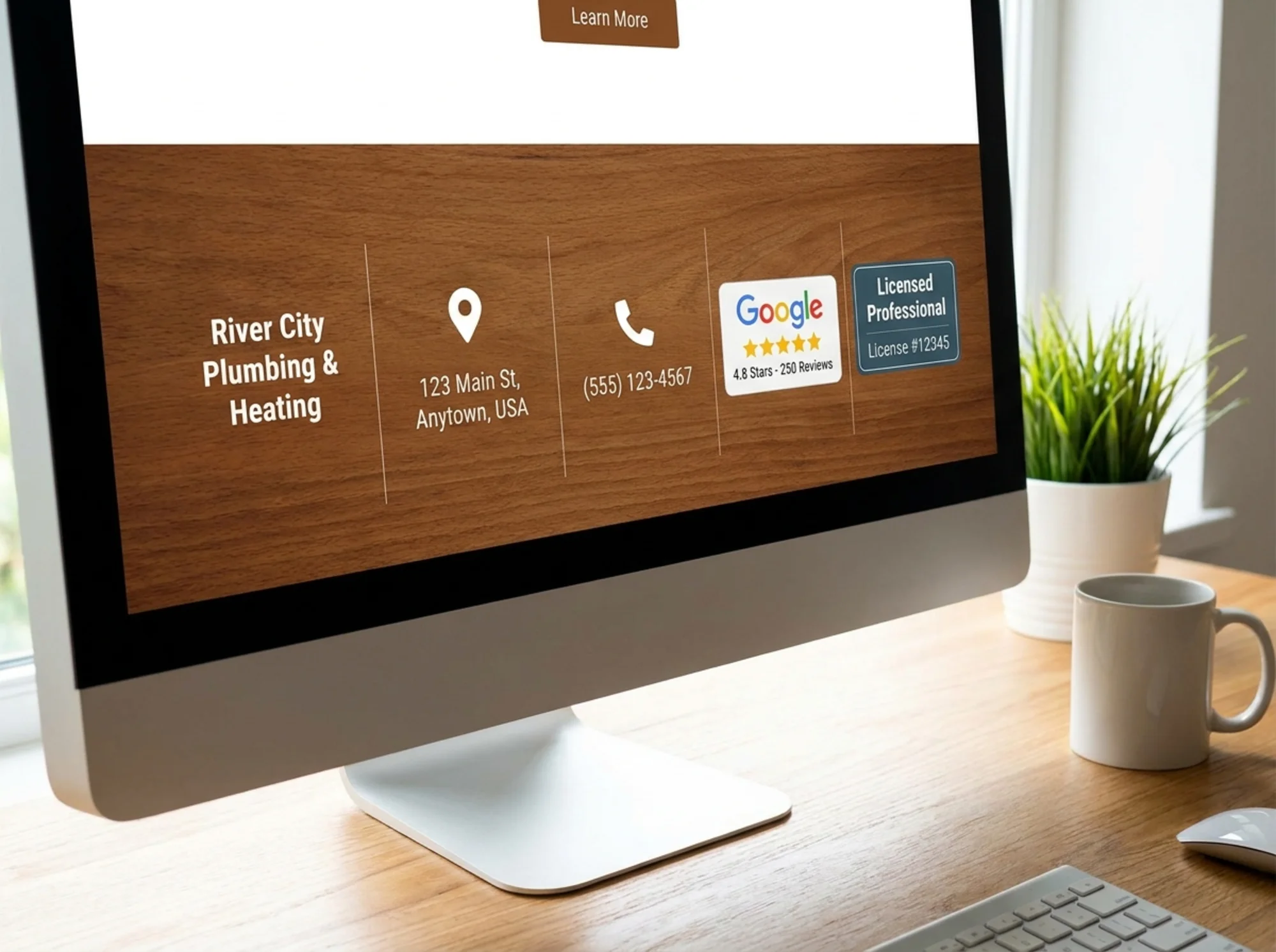 Website footer with strong local business trust signals and contact details