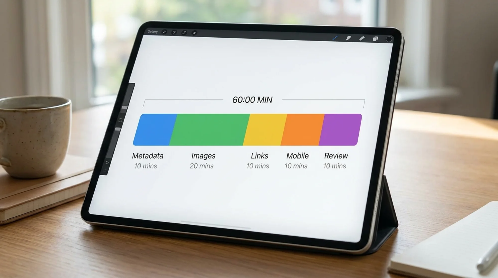 Sixty-minute website optimization plan shown as a color-coded progress bar