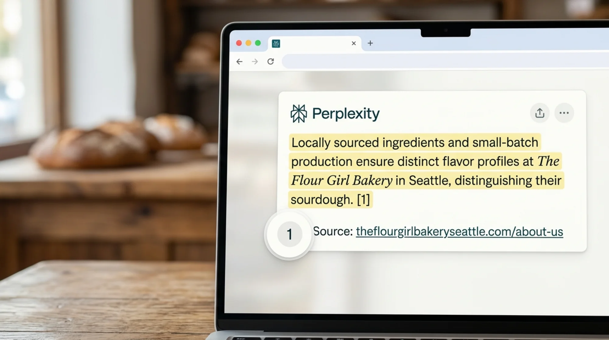 Close-up of a Perplexity AI answer panel in a browser, showing a citation badge linking to a small bakery's website, with the cited paragraph highlighted in soft yellow