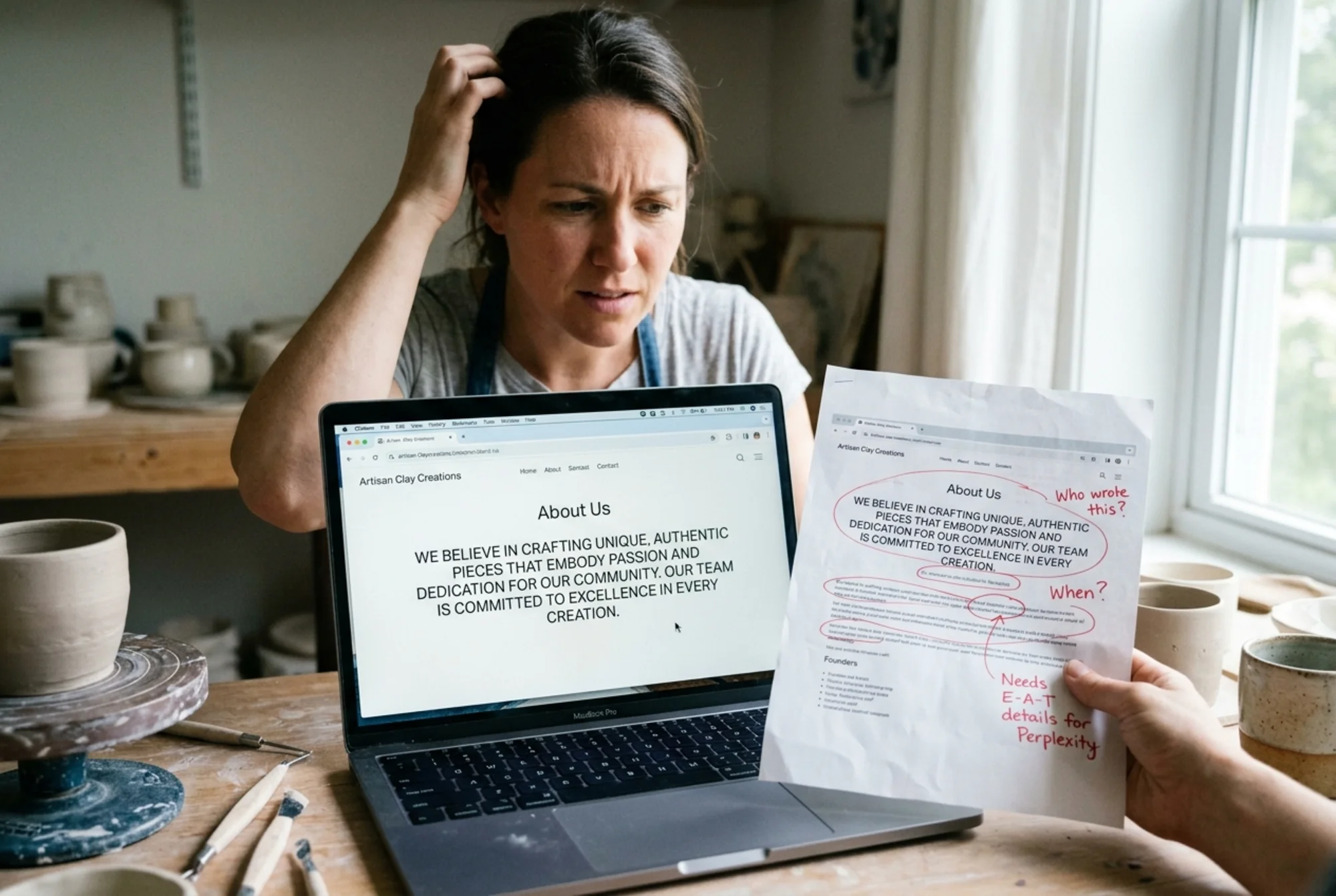 A small business "About Us" page open in a browser with vague marketing copy, no author byline, no published date, and a confused shop owner reviewing a printout next to the laptop