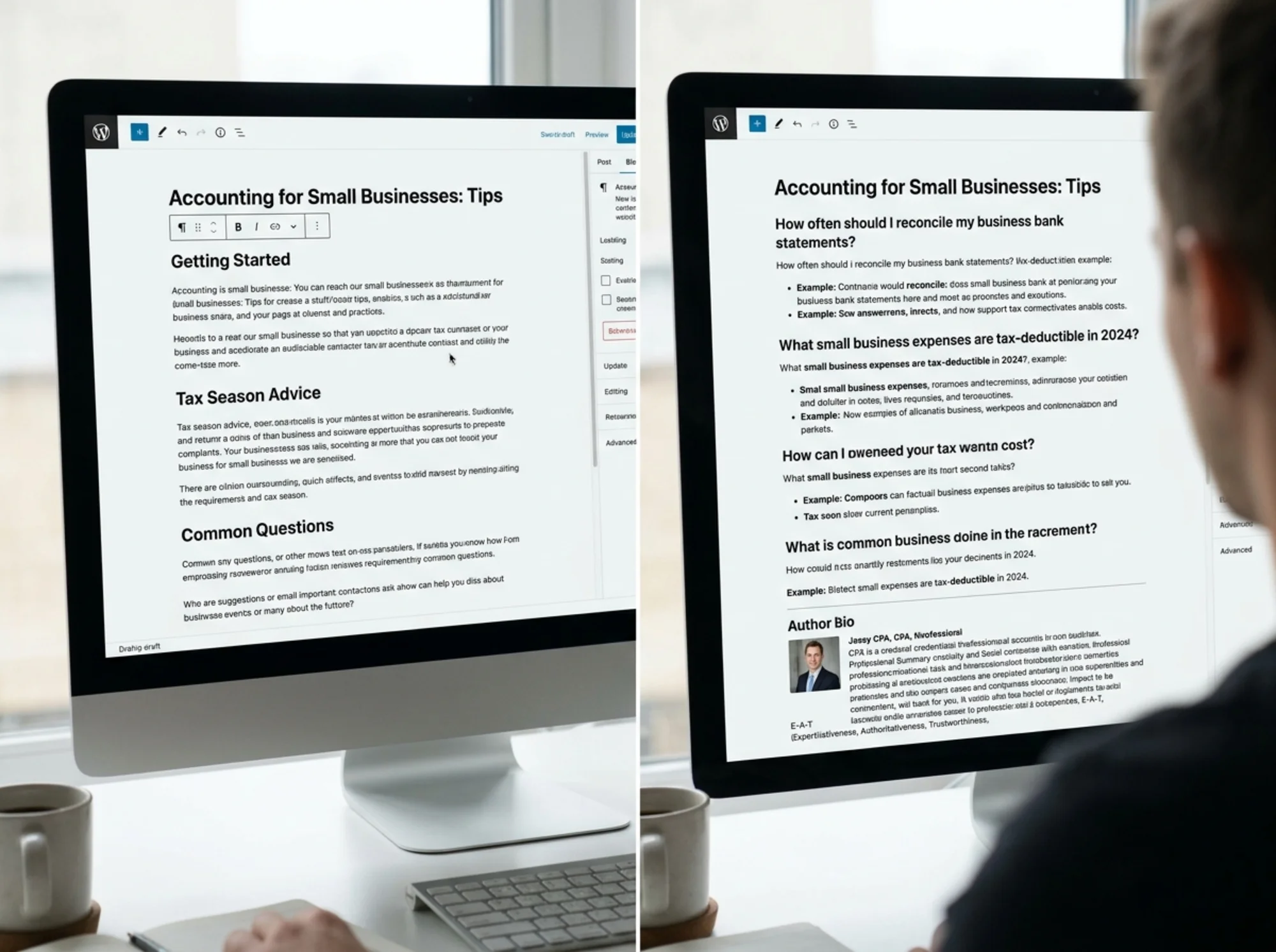 Split-screen content editor view: left shows a raw blog draft with vague headings, right shows the same draft restructured with H2 questions, short factual answers, and a visible CPA author bio with credentials