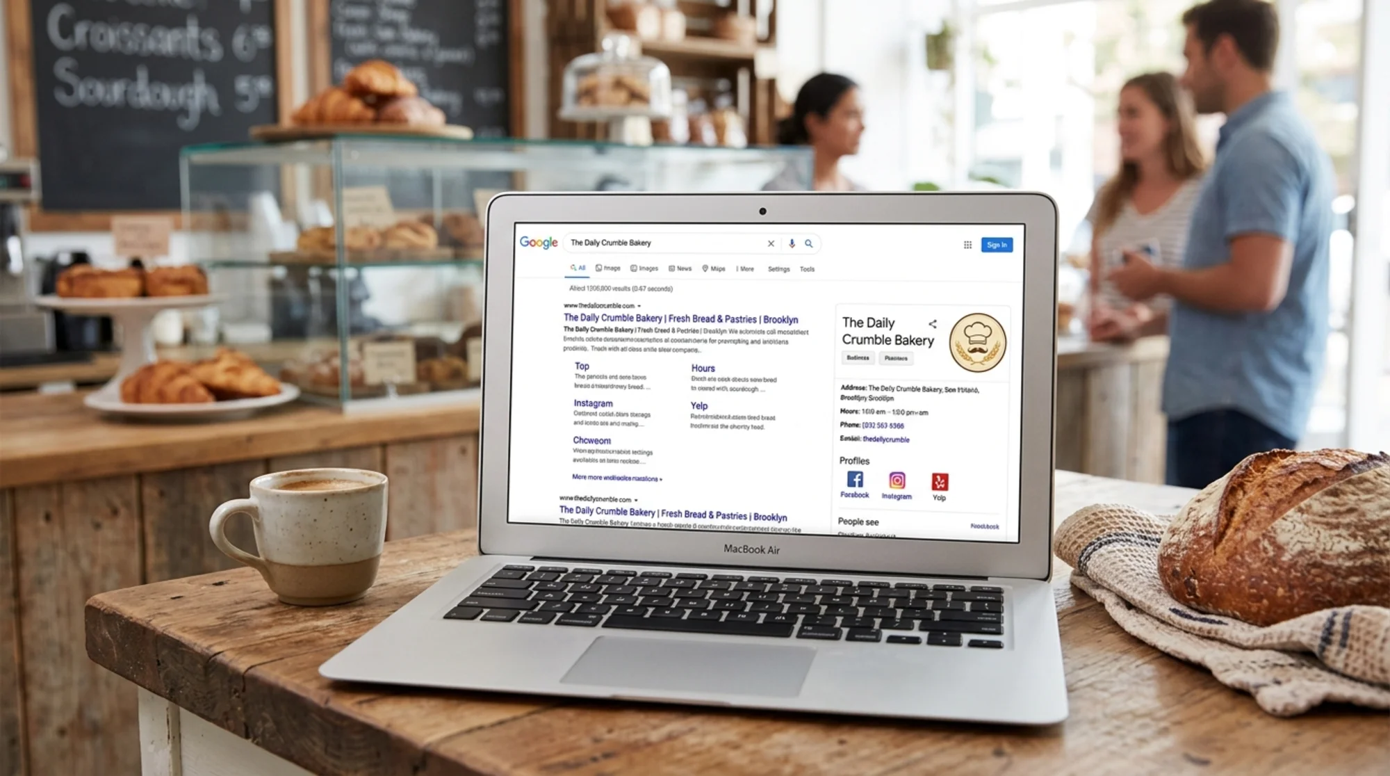 Close-up of a small bakery's Google search result on a laptop screen, showing the business name, logo thumbnail, official website link, and verified social profile icons inside a knowledge panel on the right rail of a search results page