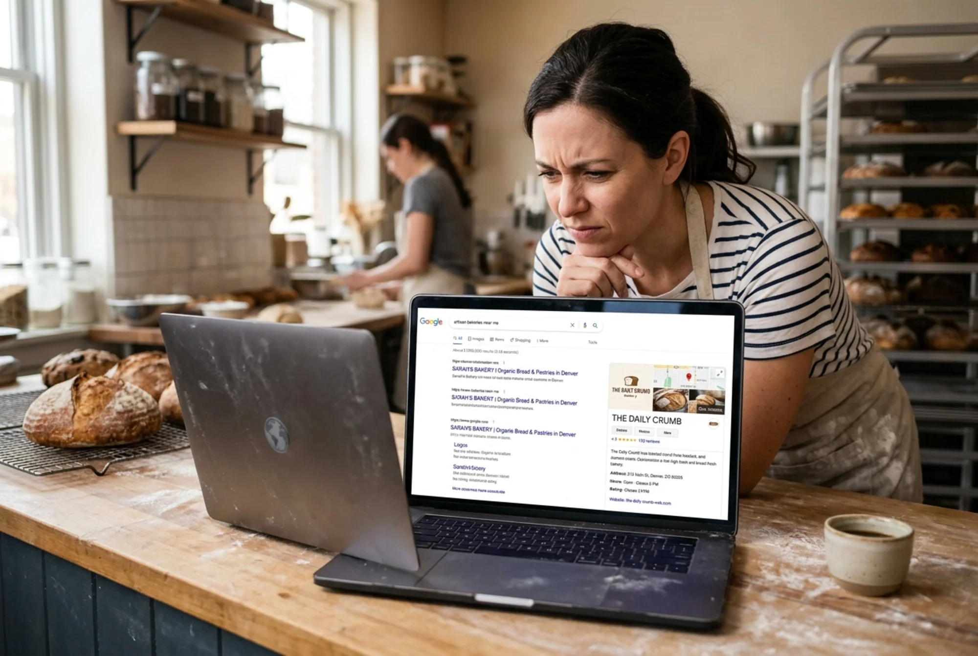 A small business owner squinting at a laptop where their bakery shows up as a plain blue link with a generic favicon, no logo, no address, while a competitor's knowledge panel with logo and hours dominates the right side of the search results page