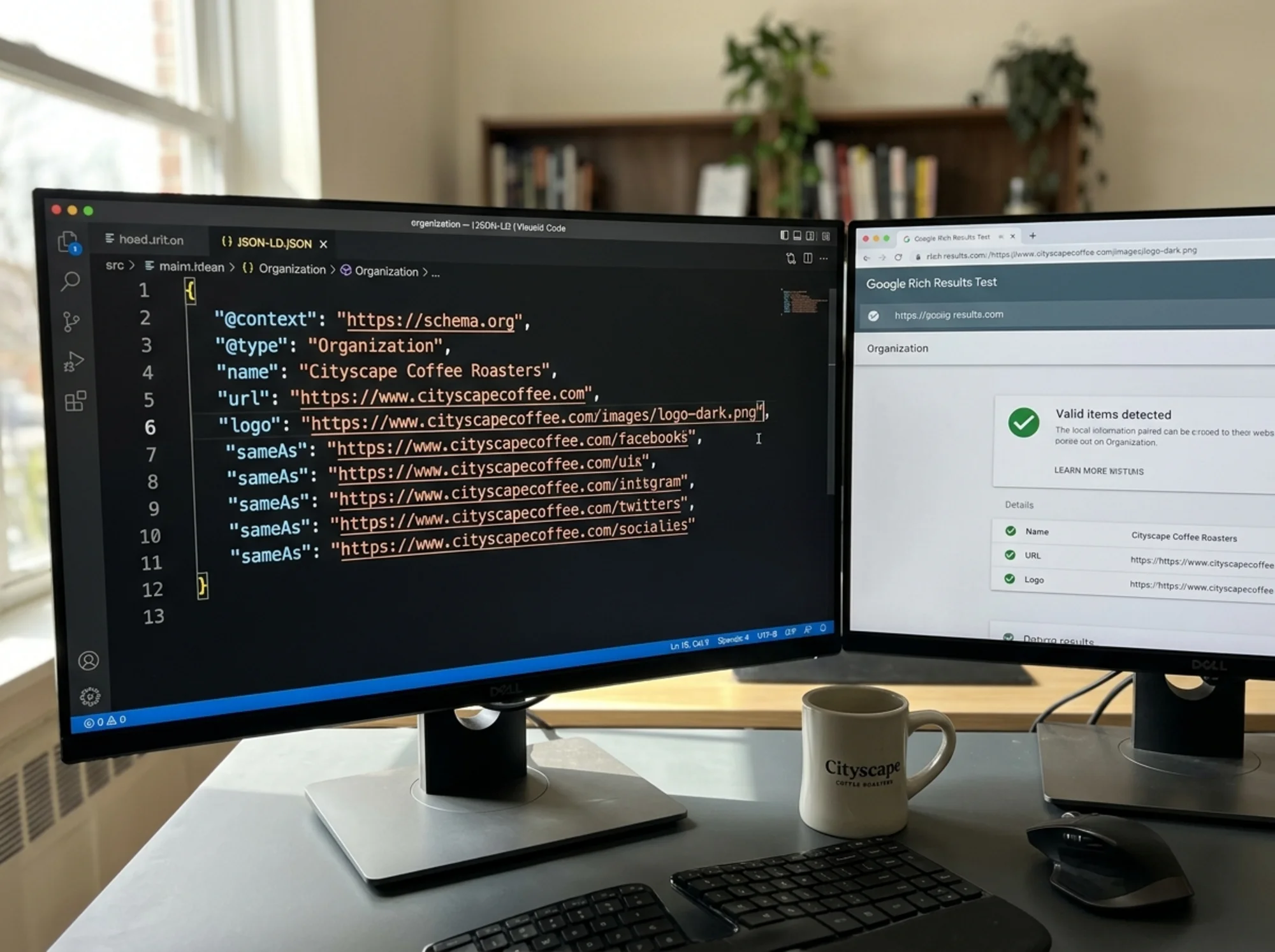 Split-screen view of a code editor on the left showing a JSON-LD Organization snippet with name, url, logo, and sameAs fields highlighted, and Google's Rich Results Test browser interface on the right showing a green "Valid items detected" checkmark for Organization markup