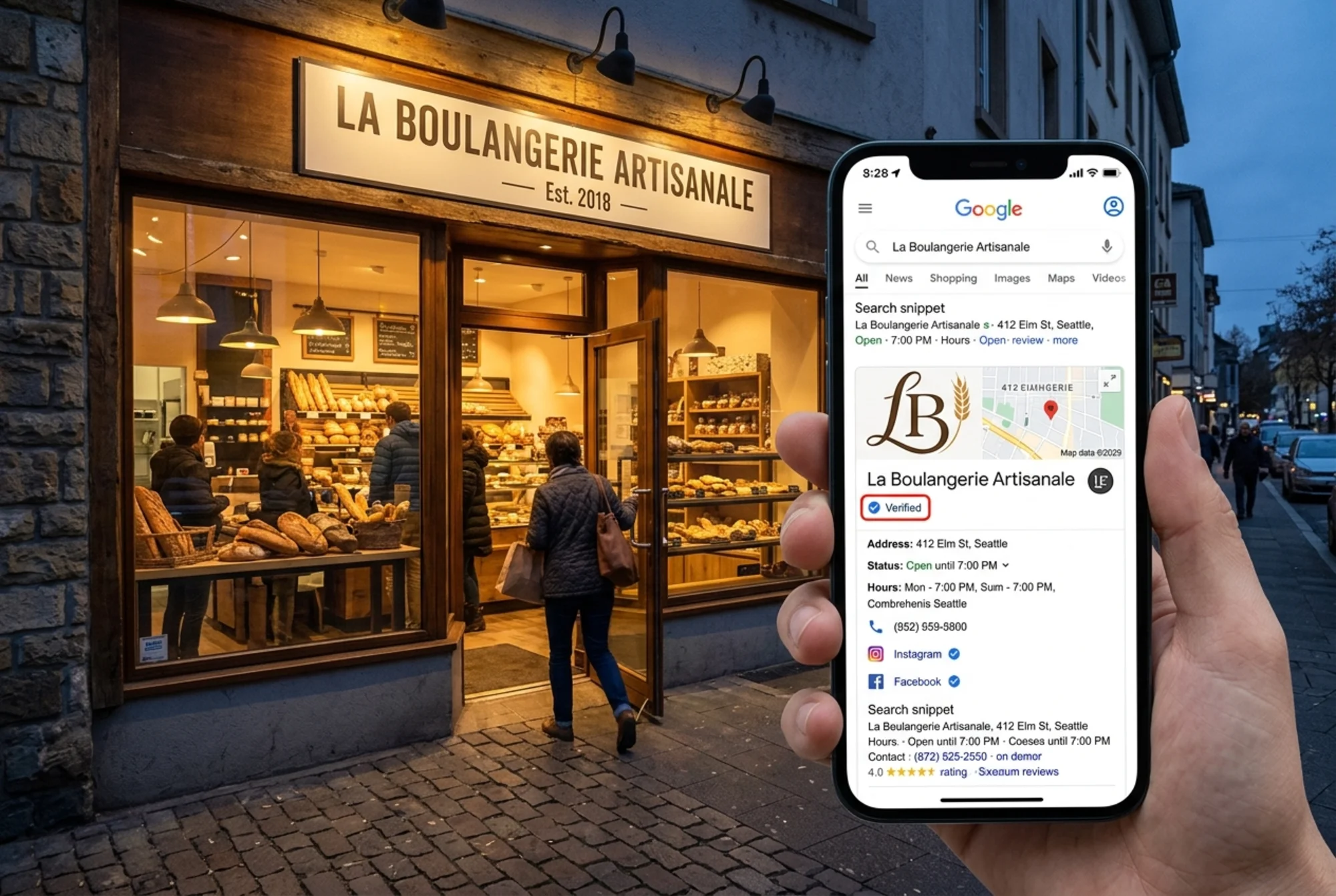 A bakery storefront at dusk with a phone in the foreground displaying a Google brand search where the bakery now owns a full knowledge panel with logo, hours, phone number, and verified social links, while a customer walks through the open door in the background