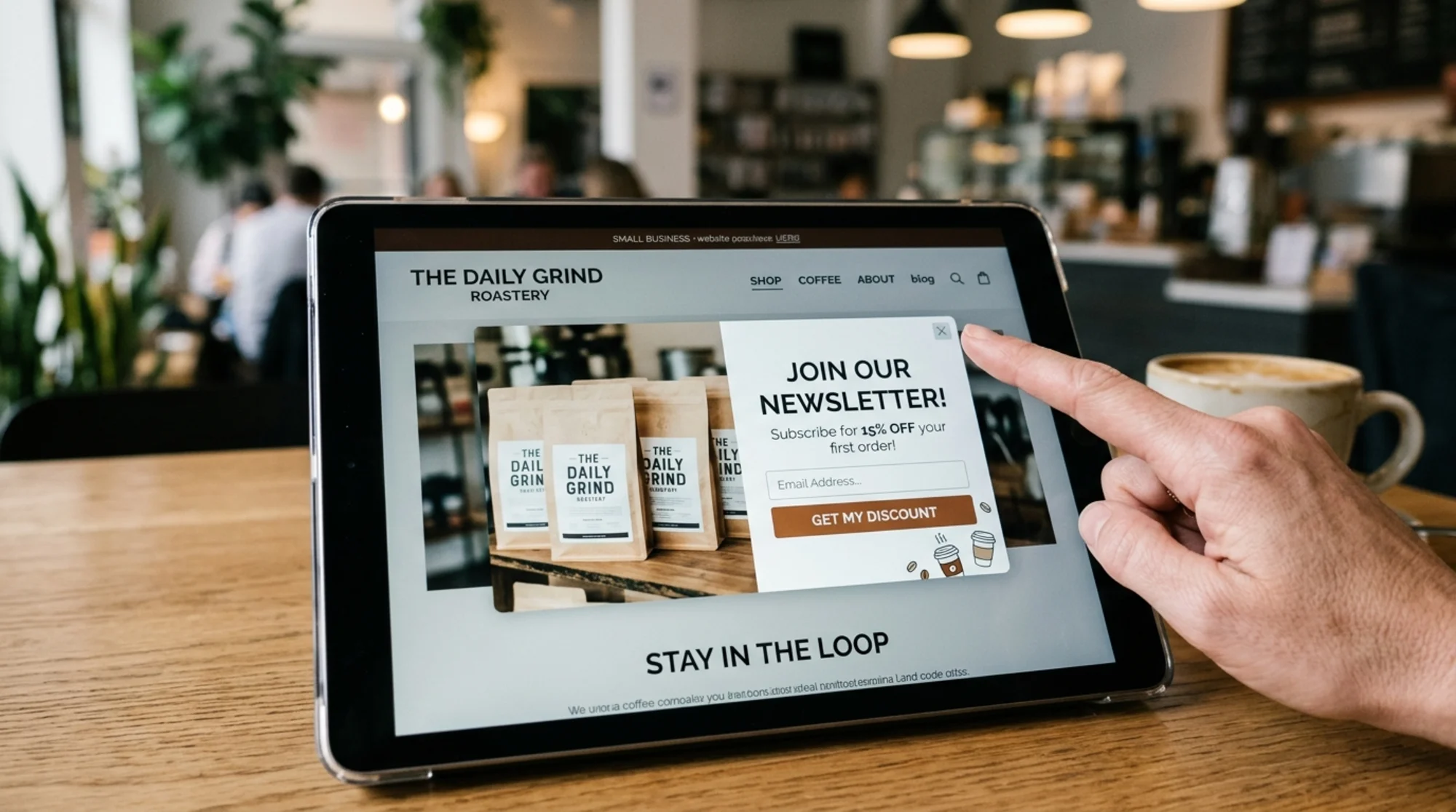 Close-up of a small business homepage on a tablet with a Klaviyo-style newsletter popup overlay covering a product image, finger hovering over a tiny close X button in the corner