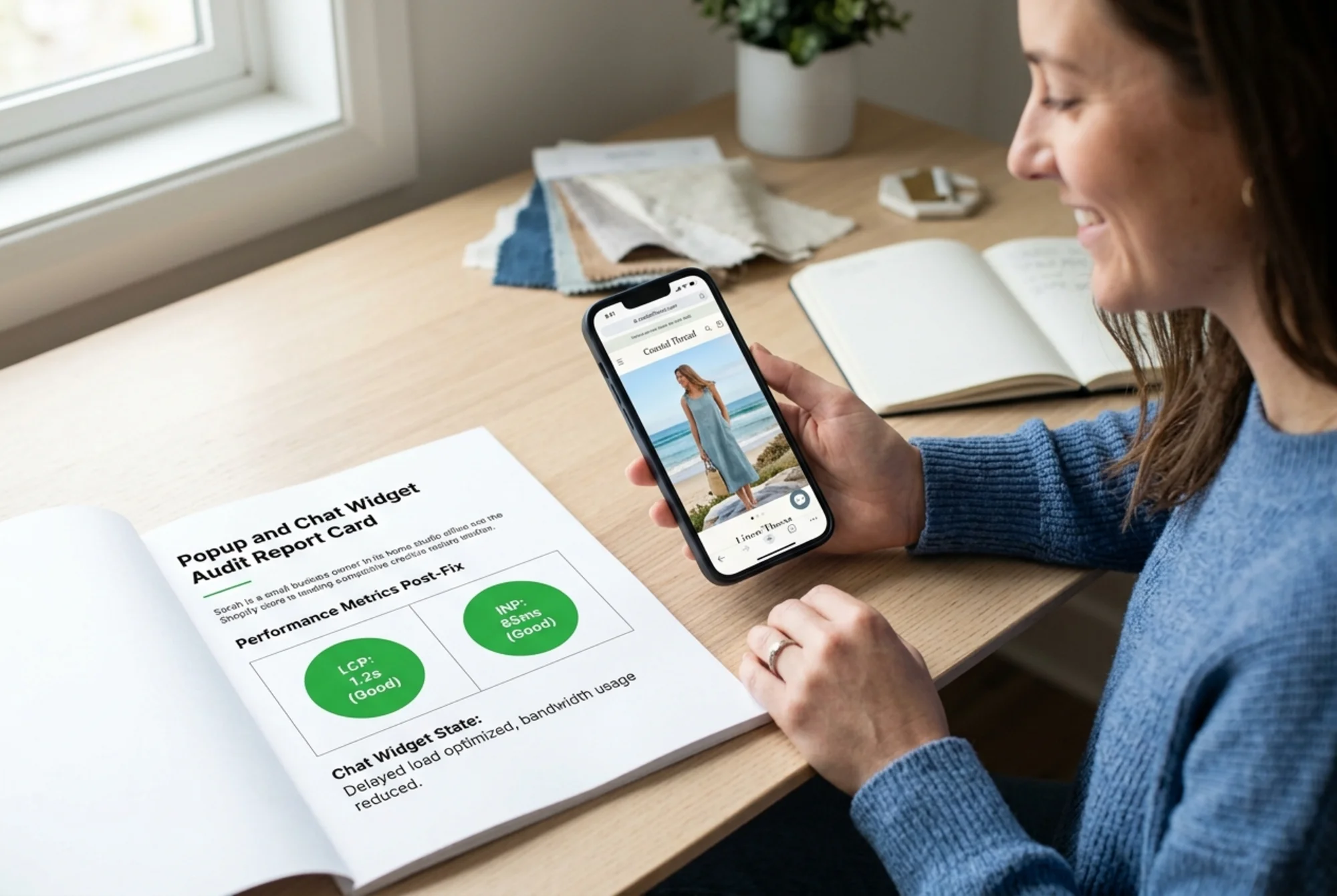 Same small business Shopify-style site loading cleanly on mobile with a lightweight delayed chat icon in the corner and a crisp product hero image, alongside an audit report card showing green LCP and INP scores