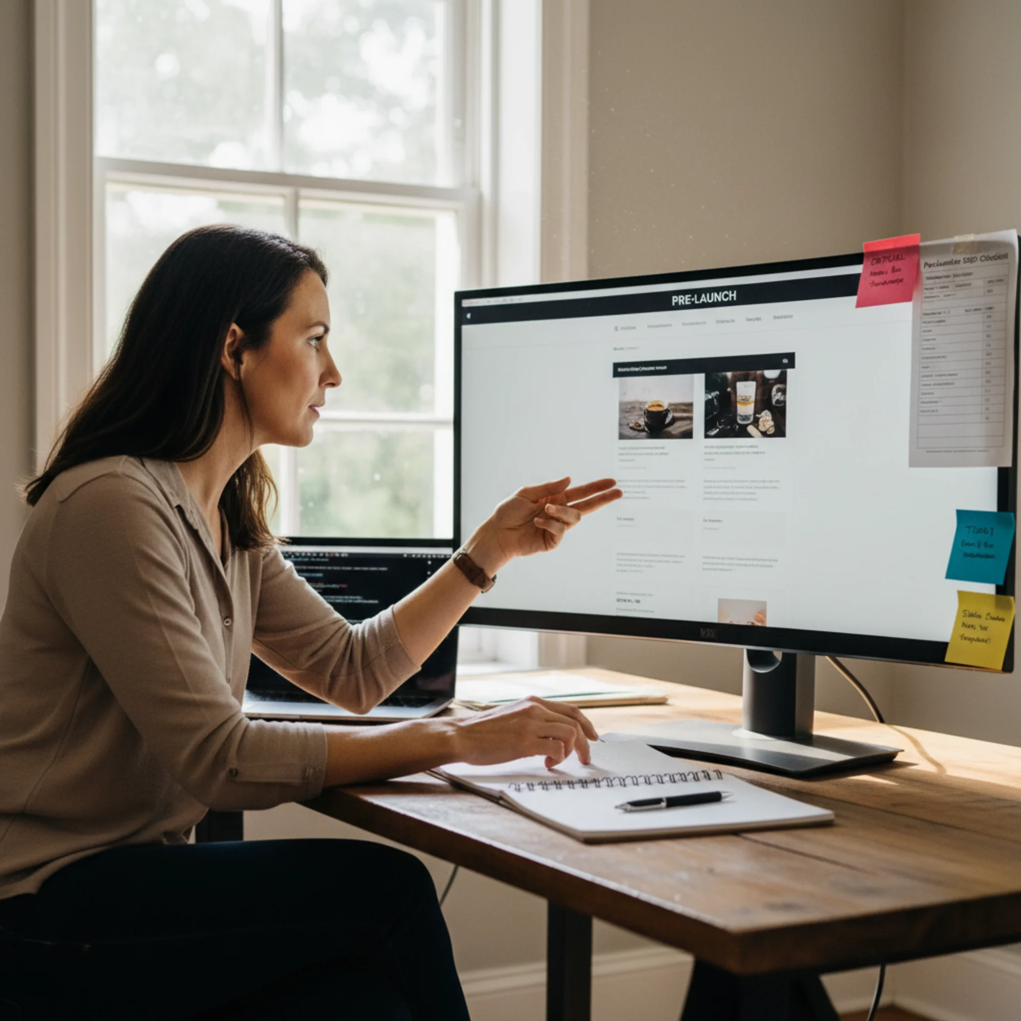 A small business owner reviewing a website staging environment on a large monitor with a printed pre-launch SEO checklist taped to the monitor edge and color-coded sticky notes marking critical launch-day fixes