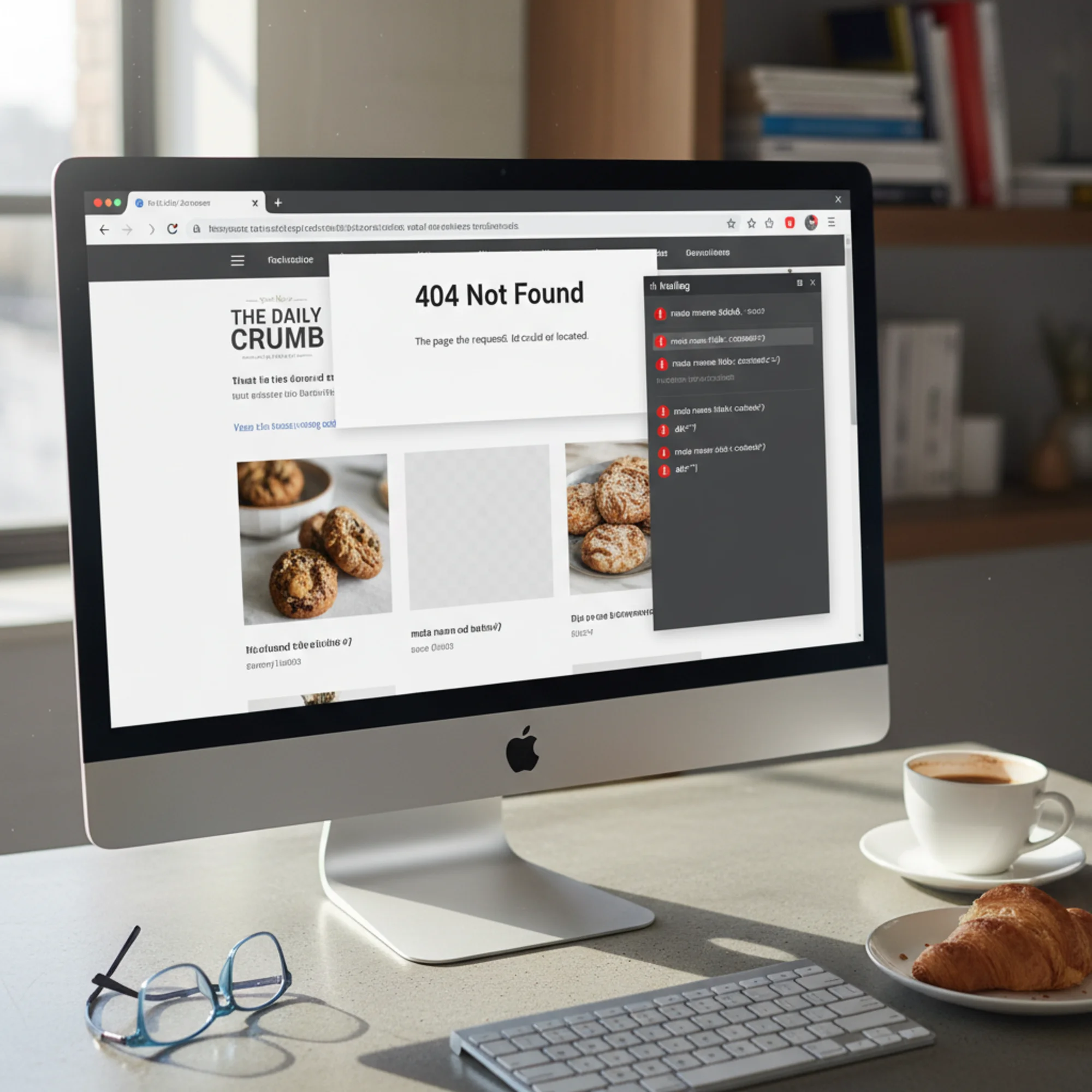 A browser showing a newly built small business website with red warning icons overlaid on a missing meta title tag, empty image alt attributes, and a 404 error page visible in an open tab behind it