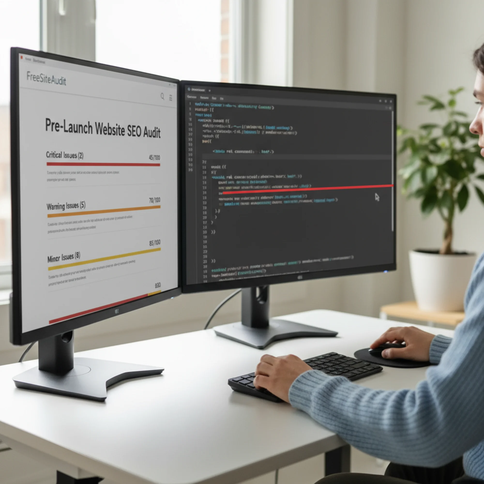 A split-screen view of a FreeSiteAudit report on the left showing categorized SEO issues (critical, warning, minor) with scores, and HTML head tag source code on the right with highlighted missing canonical URL and meta description tags