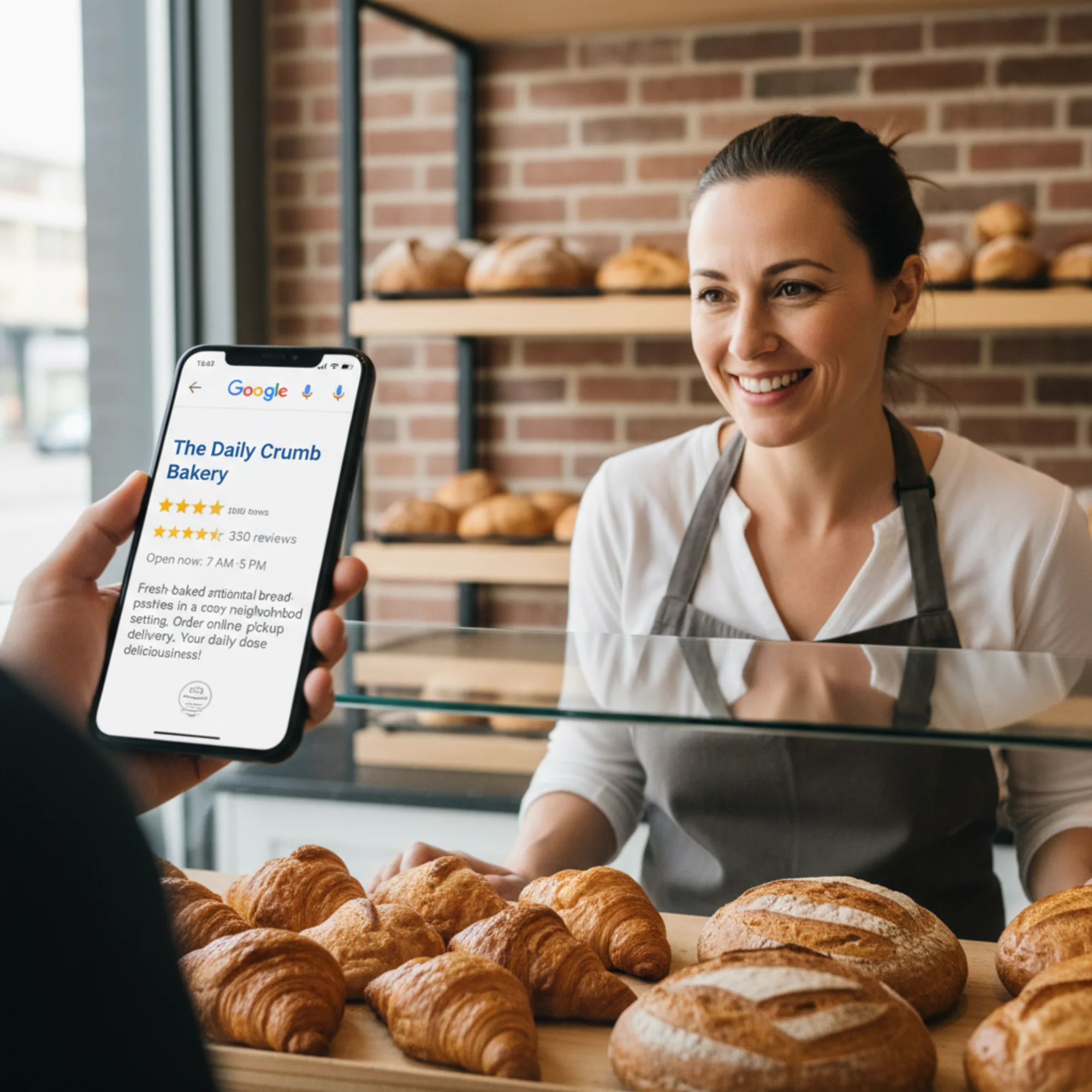 A phone screen showing a Google search result for a local bakery displaying a rich snippet with star ratings, business hours, and a well-written meta description, next to the bakery owner smiling at the counter