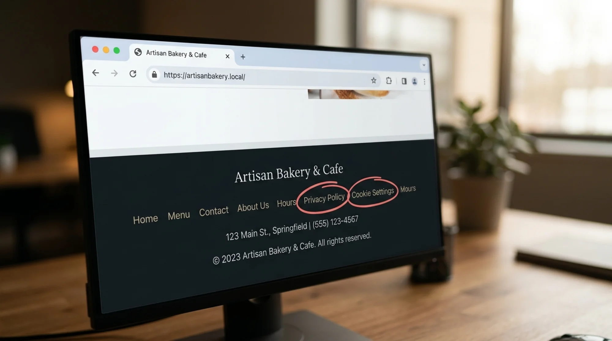 Close-up of a small business website footer rendered in a desktop browser, with the "Privacy Policy" and "Cookie Settings" footer links circled in a soft red marker outline, browser address bar visible at top, warm office lighting blurred in background