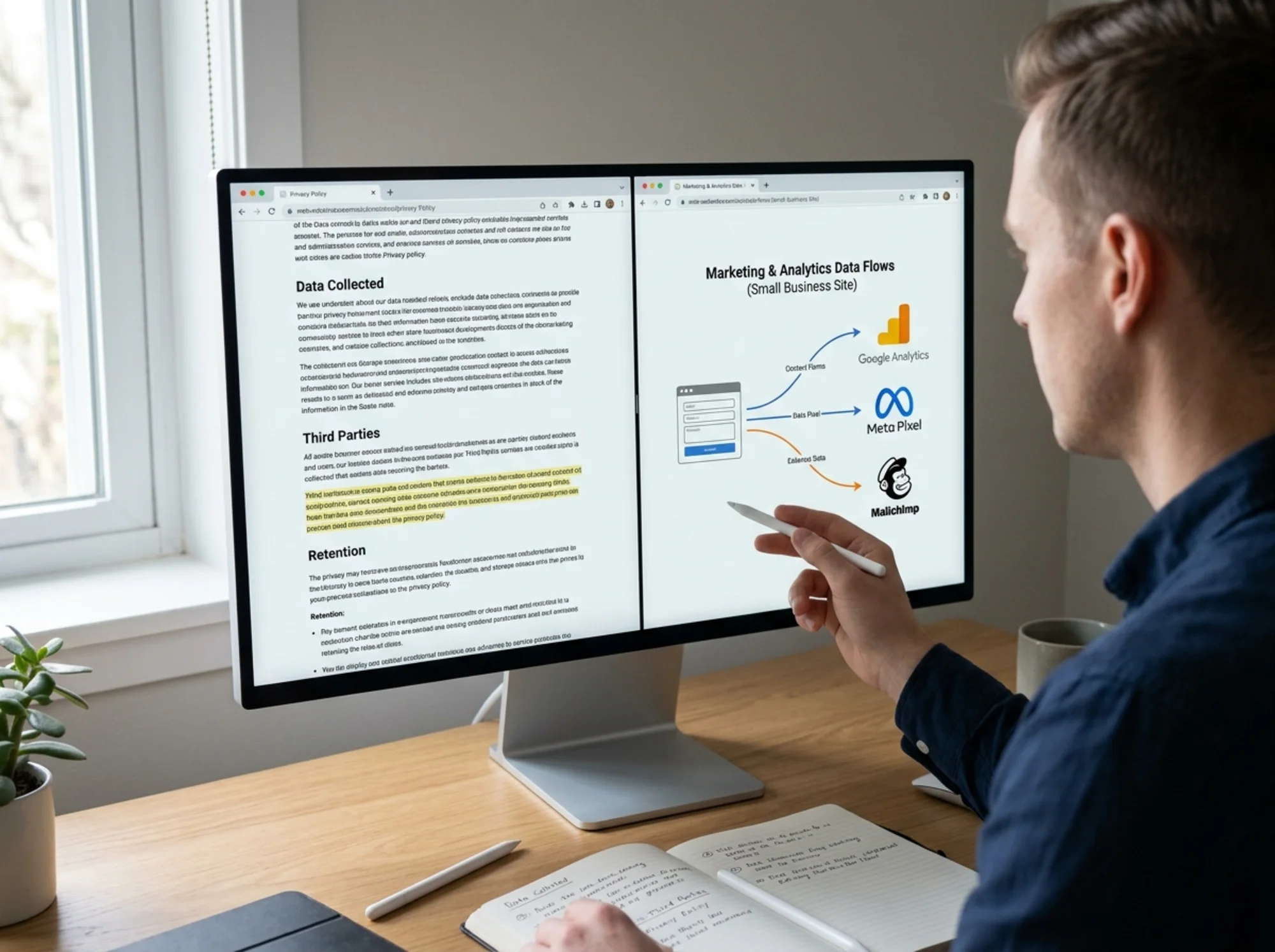 Split-screen browser view: left side shows a privacy policy document with visible section headings "Data Collected," "Third Parties," "Retention," right side shows a labeled network diagram with arrows flowing from a contact form icon to logos for Google Analytics, Meta Pixel, and Mailchimp