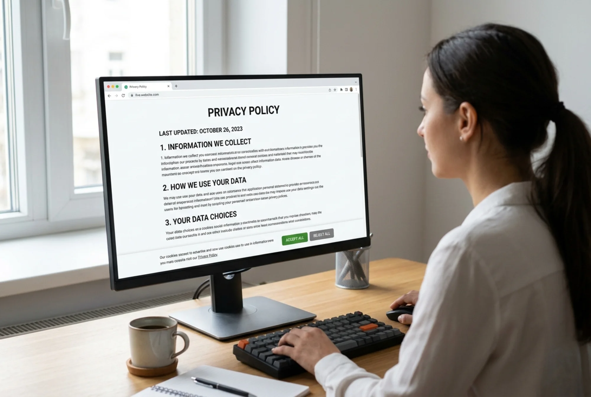 Finalized privacy policy page open in a desktop browser showing a clear "Last updated" date near the top, structured H2 headings, and a cookie consent banner at the bottom of the viewport with equally sized Accept and Reject buttons, viewed on a tidy home office desk