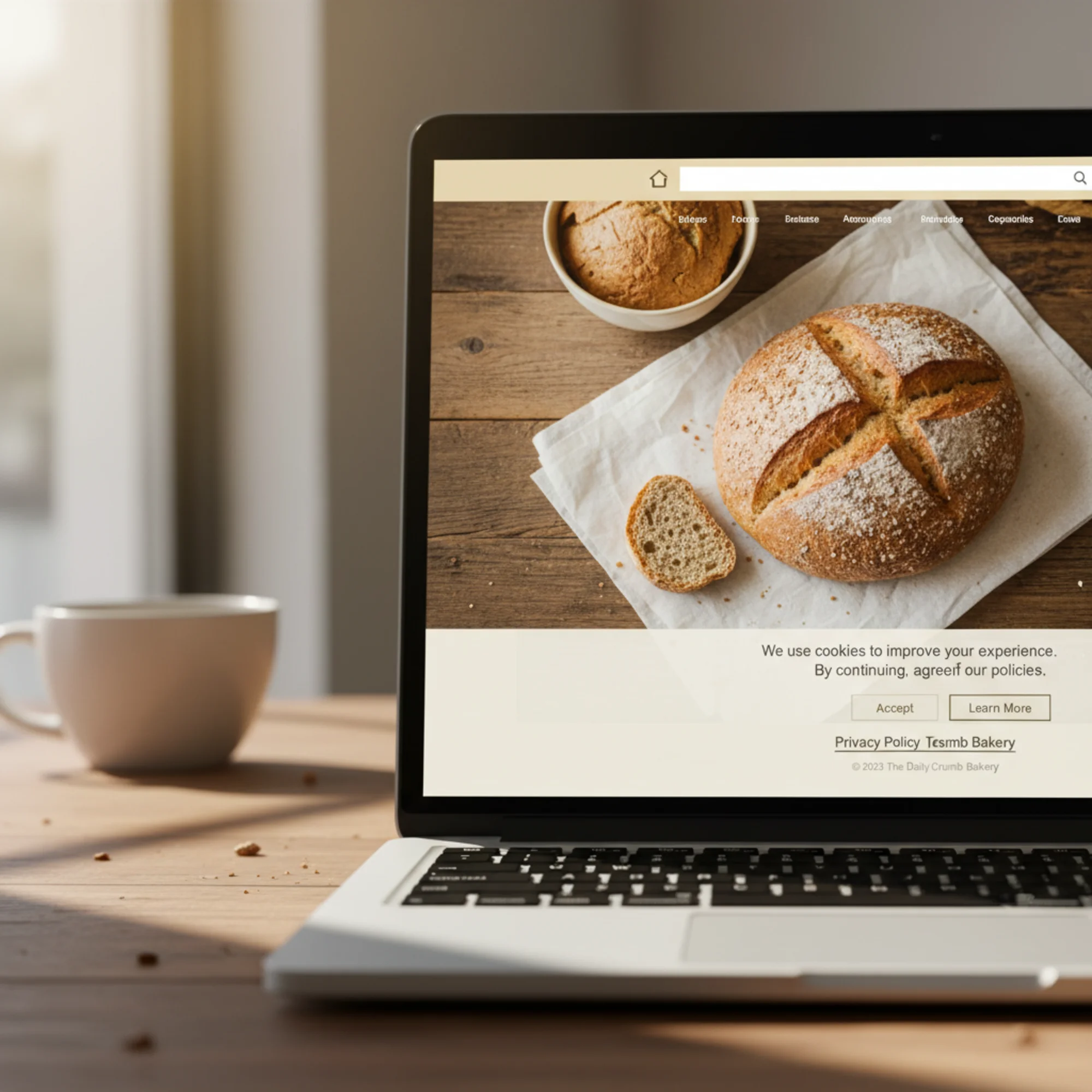 A small business website's footer area showing clean links to Privacy Policy and Terms of Service, with a subtle cookie consent banner at the bottom of a bakery homepage, warm natural lighting