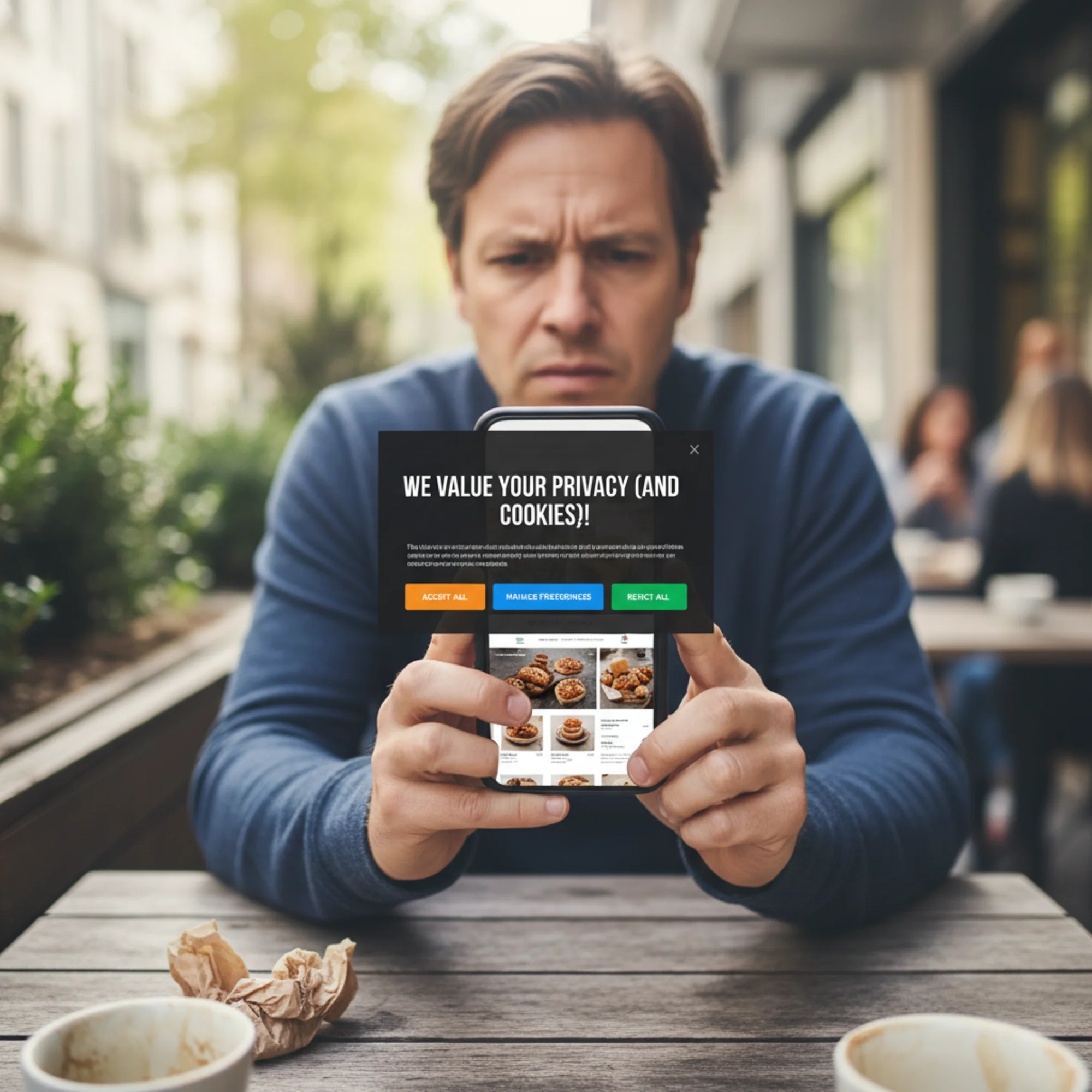 A frustrated visitor on a mobile phone confronted by an aggressive full-screen cookie consent popup that completely blocks a bakery website's menu page, with a tiny close button hidden in the corner