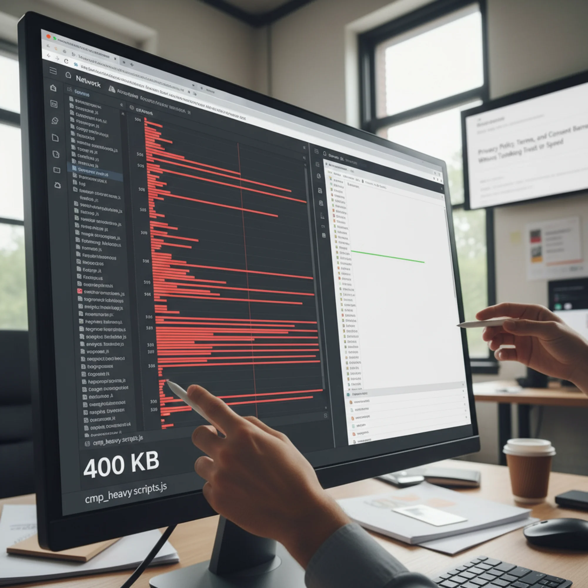A Chrome DevTools Network tab split-screen comparison: left side showing a heavyweight consent management platform loading 400KB of scripts with red waterfall bars, right side showing a 1KB inline consent script with a nearly empty waterfall