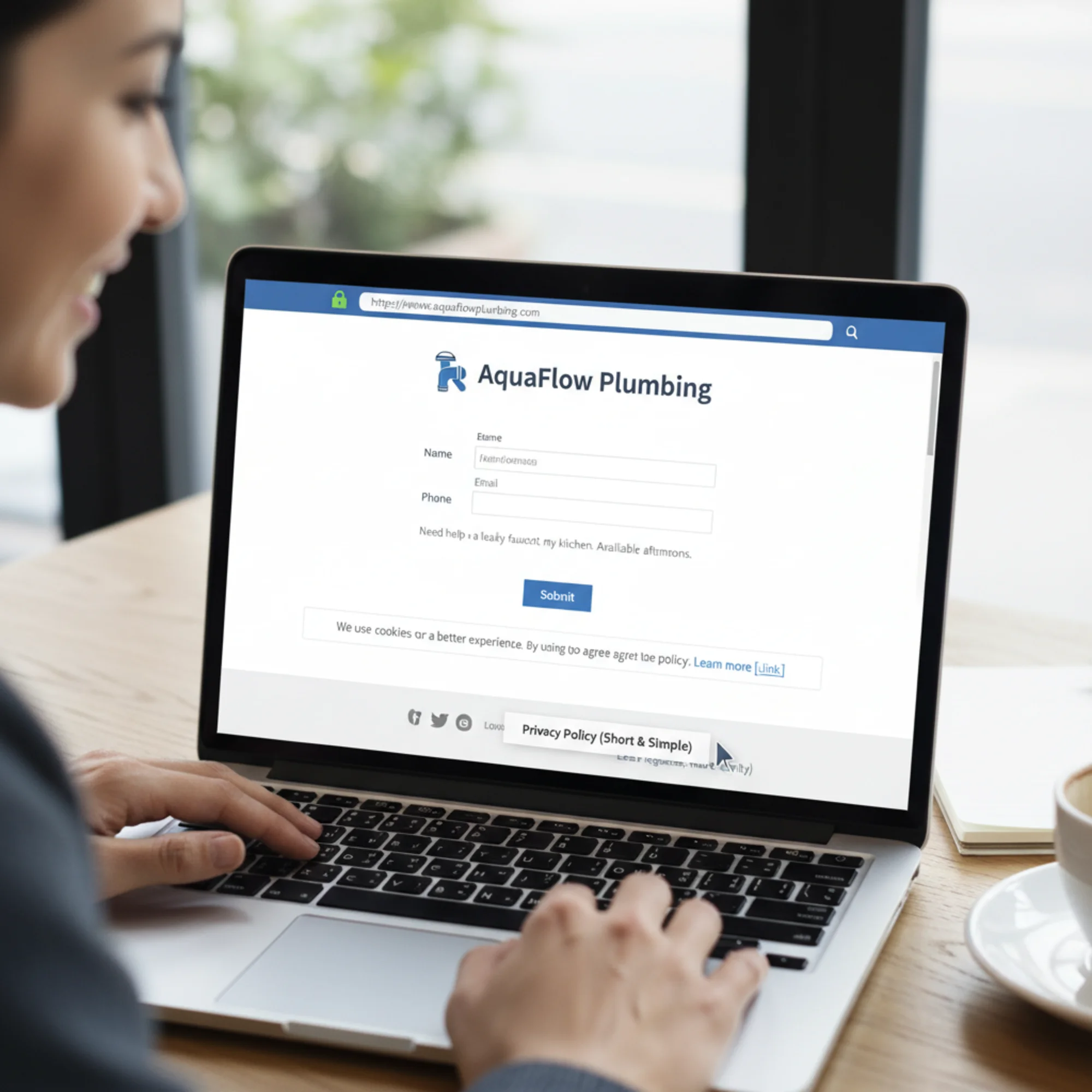 A local plumber's website on a laptop screen showing a minimal fixed-bottom consent banner, a footer link to a short privacy policy, and a customer happily submitting a contact form with a green padlock visible in the browser bar
