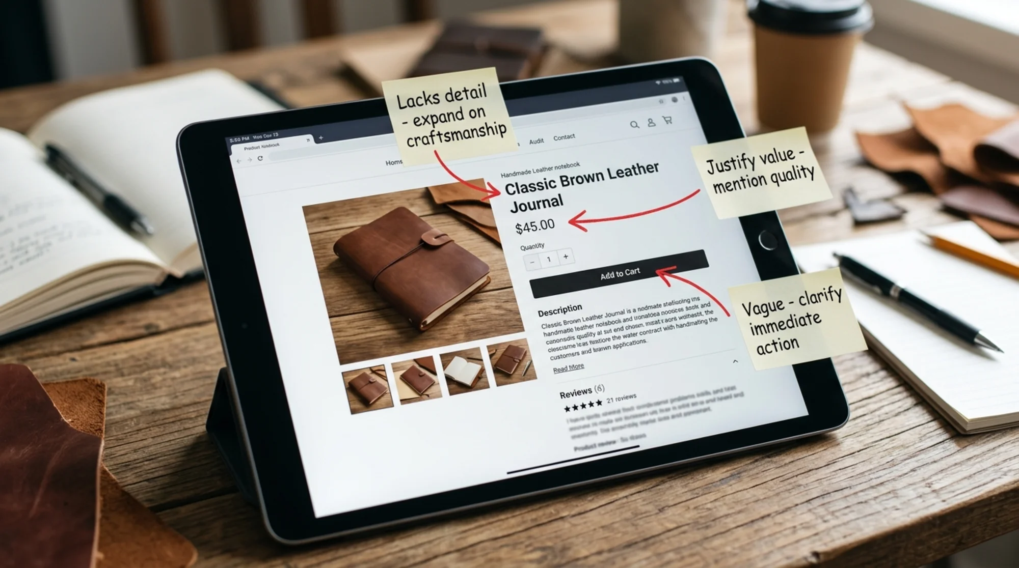 Close-up of a product detail page on a tablet showing a leather notebook listing, with sticky notes and red arrows pointing at the headline, the price, and the "Add to Cart" button as part of a copy audit