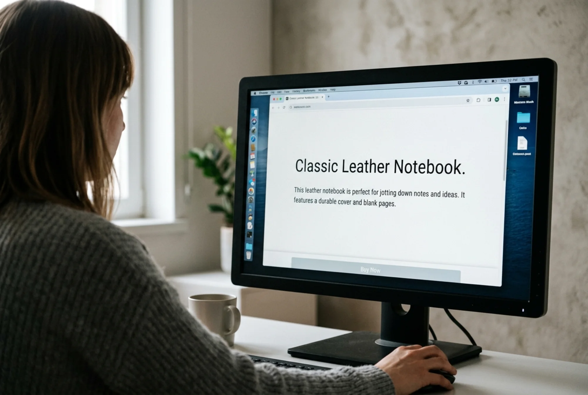 A product page on a desktop browser showing a generic "Classic Leather Notebook" headline, a two-sentence description, no visible reviews, no specs block, and a faint "Buy Now" button pushed below the fold