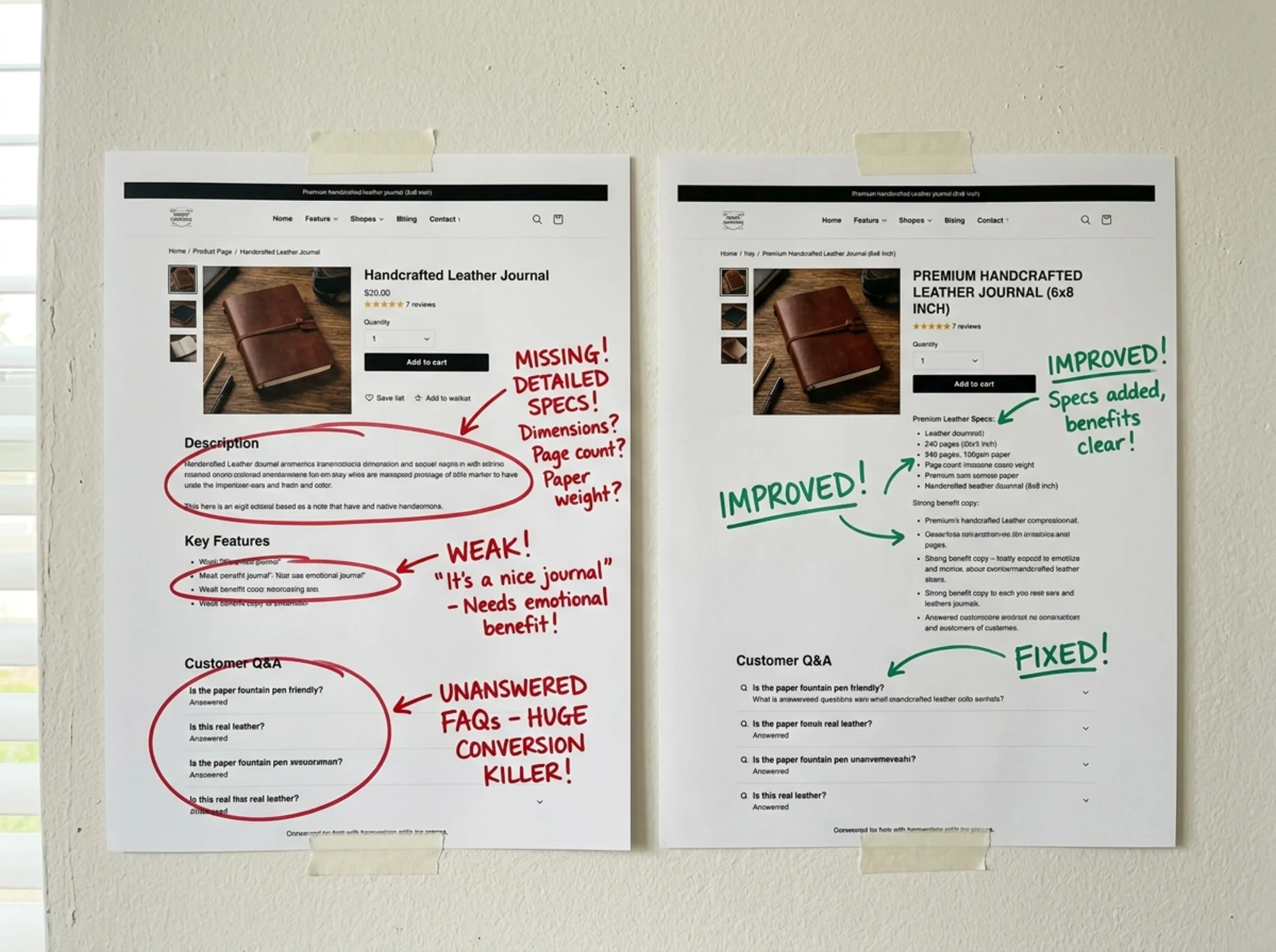 Two printed product page screenshots taped to a wall side by side, with red marker annotations circling missing specs, weak benefit lines, and unanswered FAQ questions on the left version