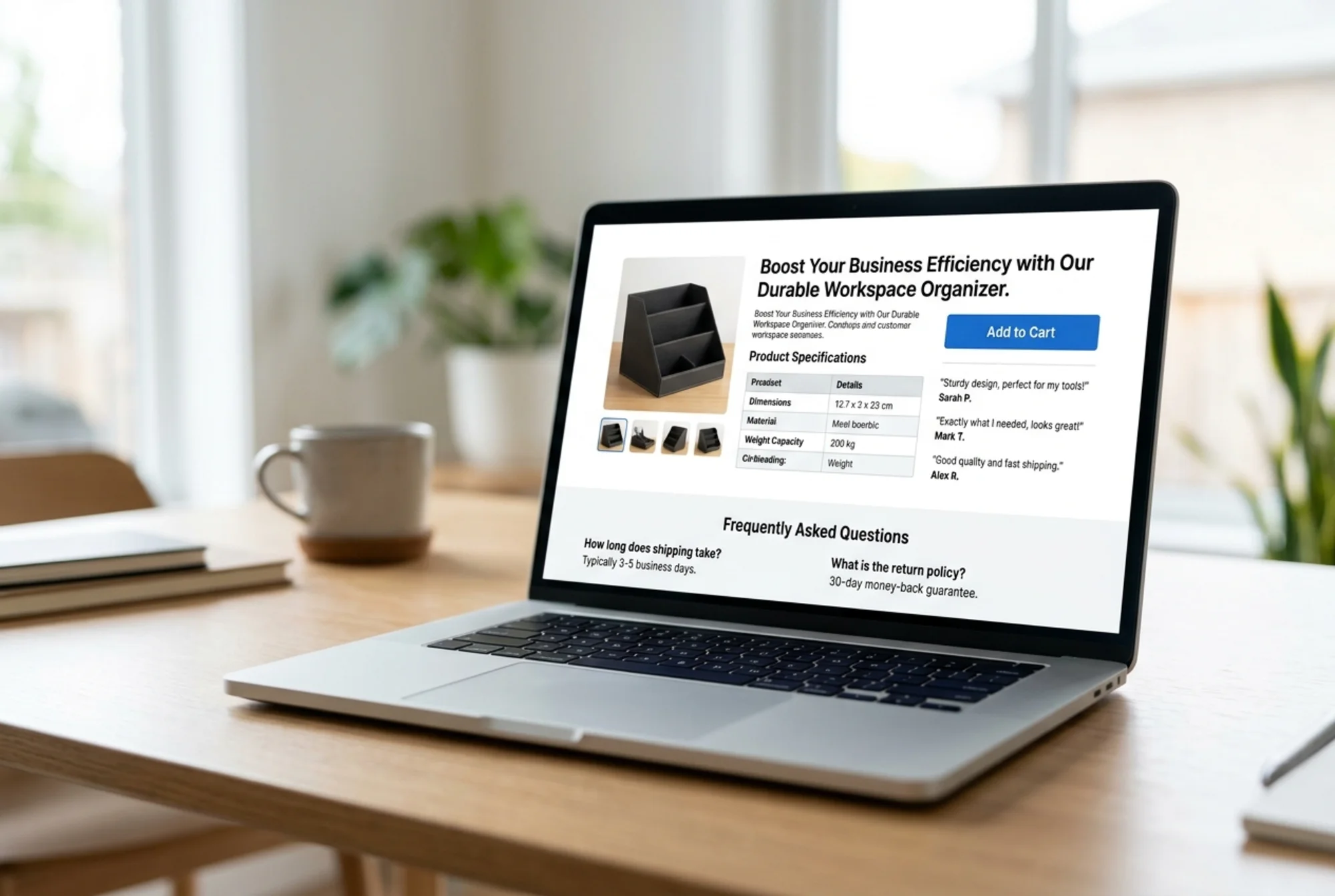 A redesigned product page on a laptop showing an outcome-led headline, a scannable specs table, an FAQ block with shipping and return answers, and three short customer review quotes positioned next to the "Add to Cart" button