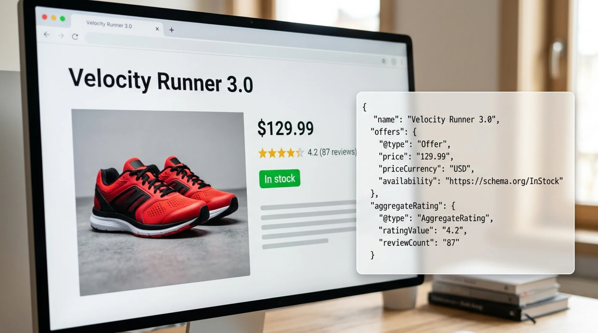 Close-up of an ecommerce product detail page in a browser showing a pair of running shoes with price, star rating, and "In stock" label visible, with a small overlay panel showing JSON-LD structured data fields like name, price, availability