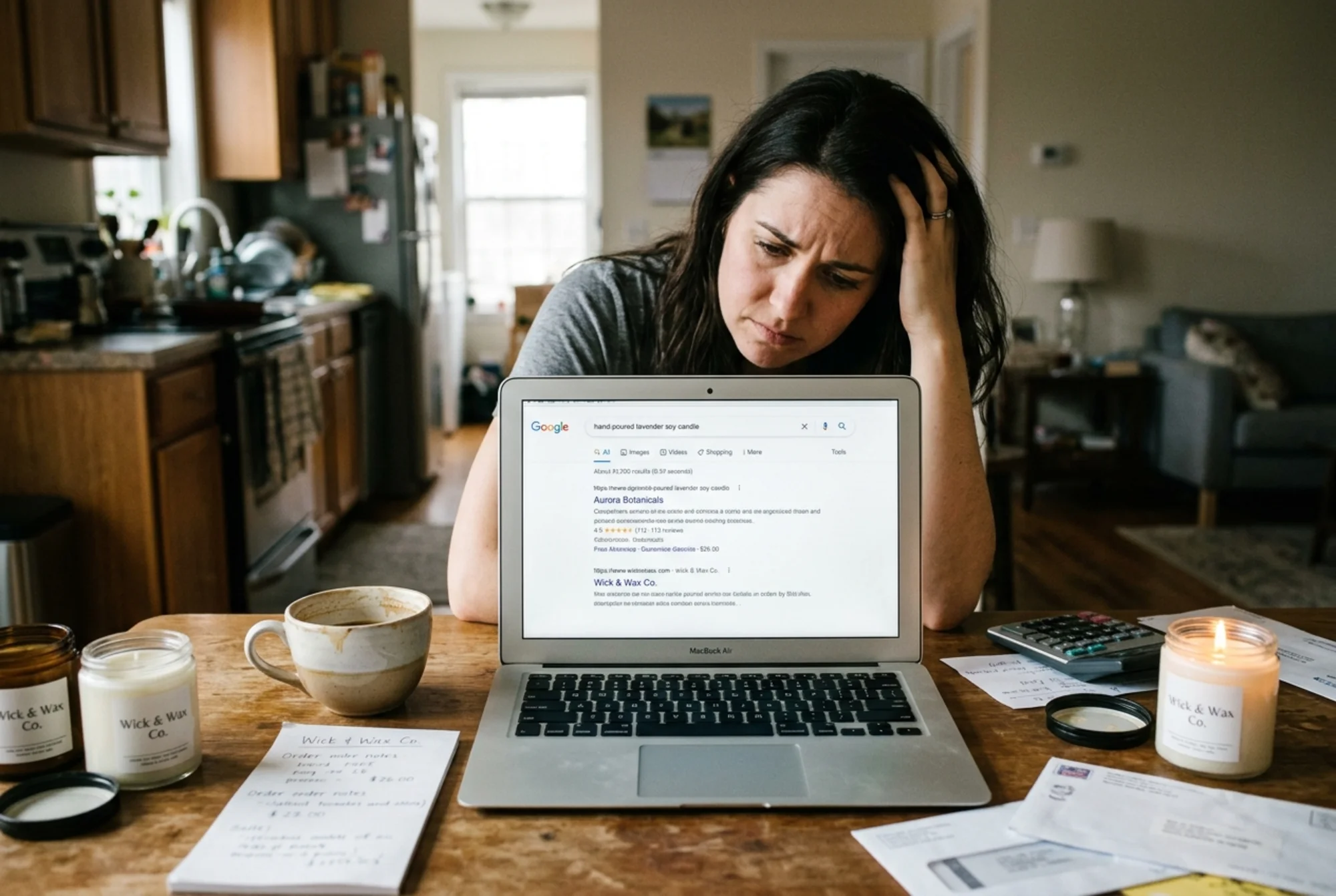 Frustrated small business owner at a kitchen table looking at a Google search result for her own candle product where a competitor's listing shows rich star ratings and price while her own listing is plain text only