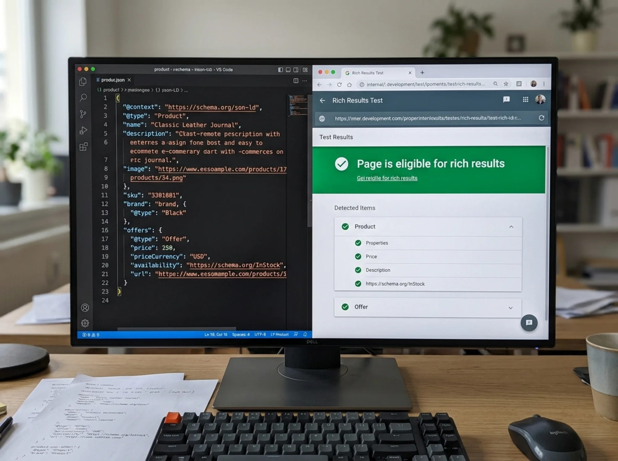 Split-screen view of a code editor showing JSON-LD product schema on the left and Google's Rich Results Test tool on the right with green checkmarks next to "Product" and "Offer"
