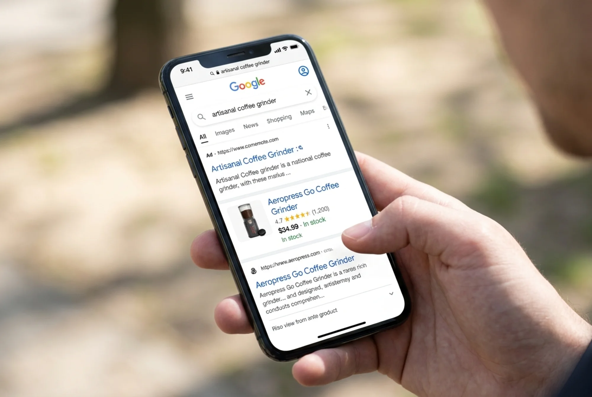 Mobile phone screen showing a Google search result with rich product snippet — star rating, price, "In stock", and review count — appearing prominently above competing plain-text listings