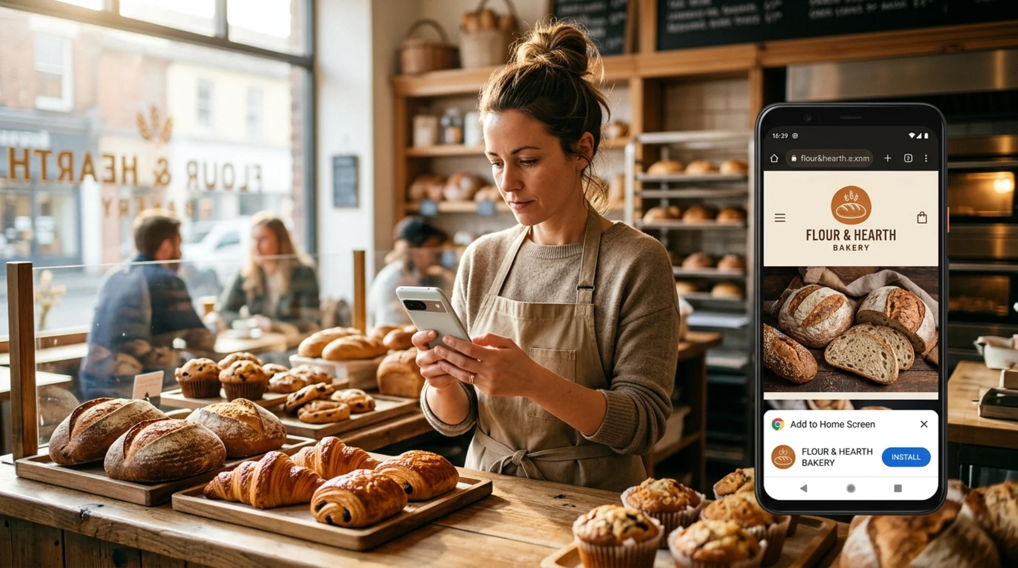 A small business bakery owner holding a smartphone showing her own bakery website with a Chrome "Add to Home Screen" install banner visible at the bottom, warm morning light through the shop window, fresh pastries on the counter, real customer-facing moment