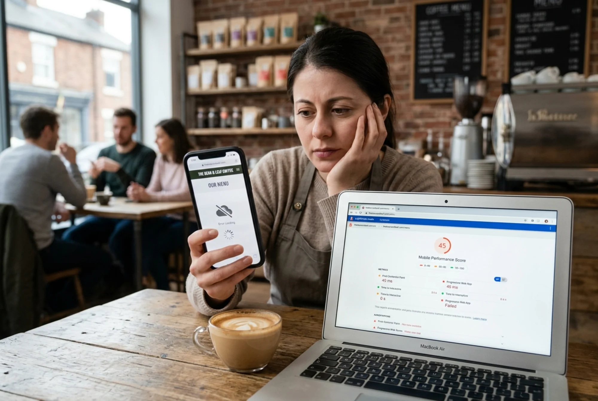 A frustrated coffee shop owner staring at a phone screen showing a stalled menu page with a broken offline cloud icon and spinning loader, half-finished latte beside an open laptop showing slow Lighthouse mobile scores, late afternoon shop interior