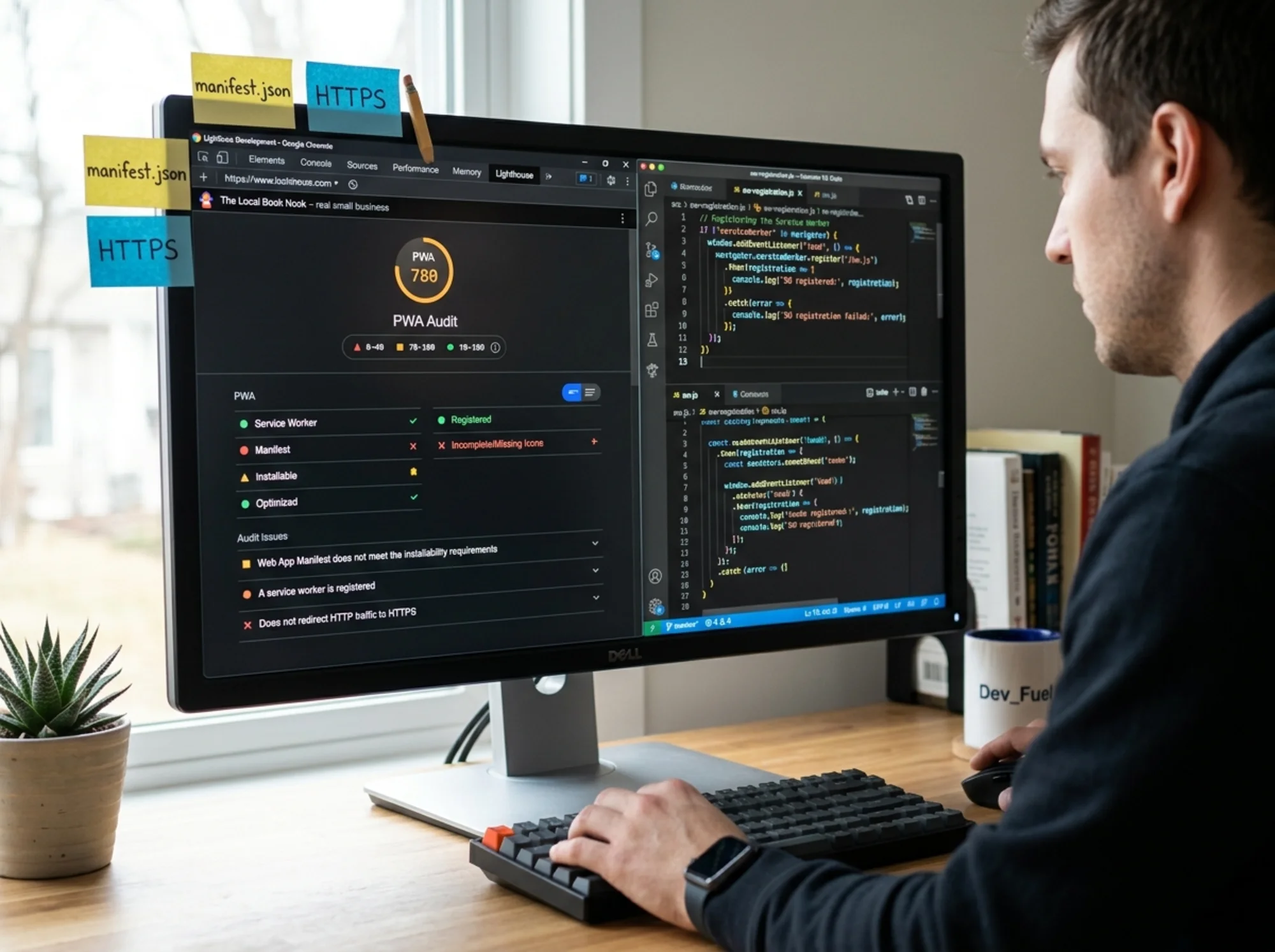 A developer's monitor split between Chrome DevTools Lighthouse PWA audit panel on the left showing manifest and service worker checks, and a code editor on the right with service worker registration JavaScript, sticky notes labeled "manifest.json" and "HTTPS" on the monitor frame