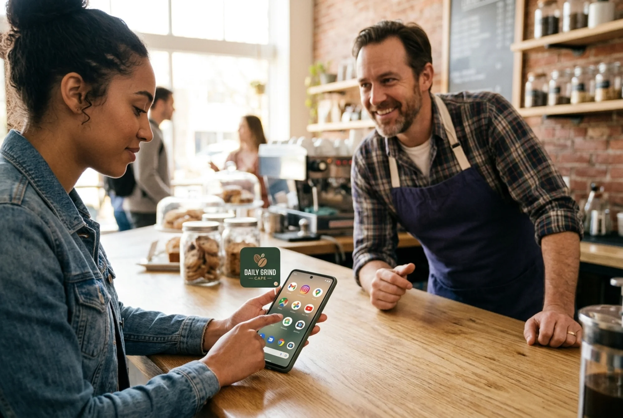 A small business owner smiling at the counter while a returning customer in the foreground taps an installed PWA icon with the shop's logo on their phone home screen, sitting next to native apps, busy storefront softly blurred behind
