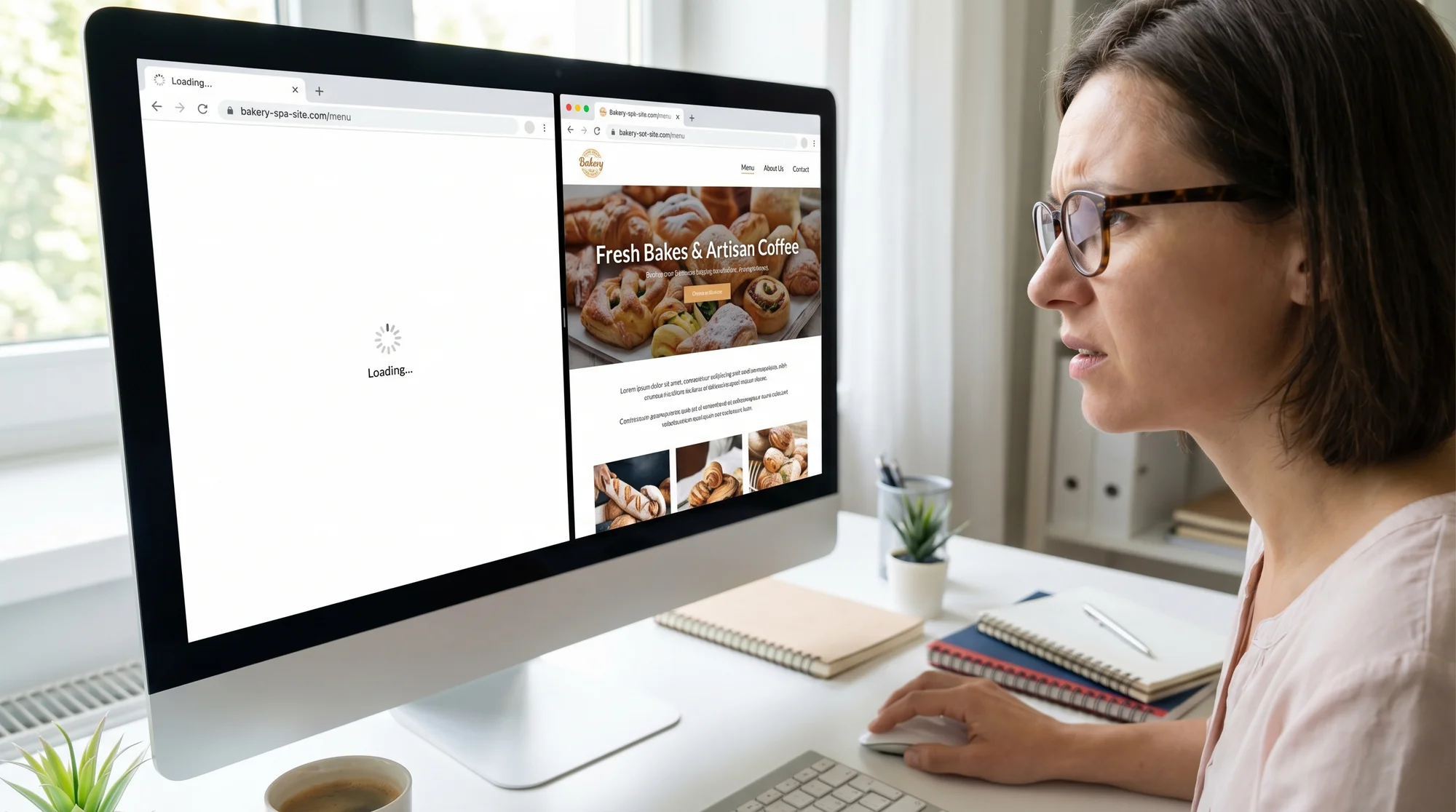 Small business owner looking at two side-by-side browser tabs — one showing a blank white page loading slowly, the other fully rendered with visible text, headings, and images — on a desktop monitor in a home office setting