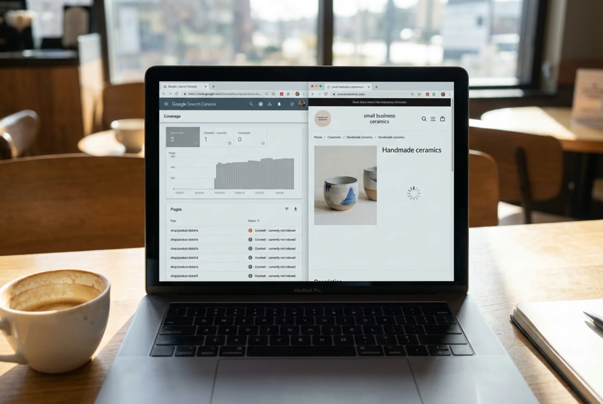 Google Search Console coverage report showing a cluster of pages marked "Crawled but not indexed" alongside a React single-page app with a visible loading spinner where product descriptions should appear