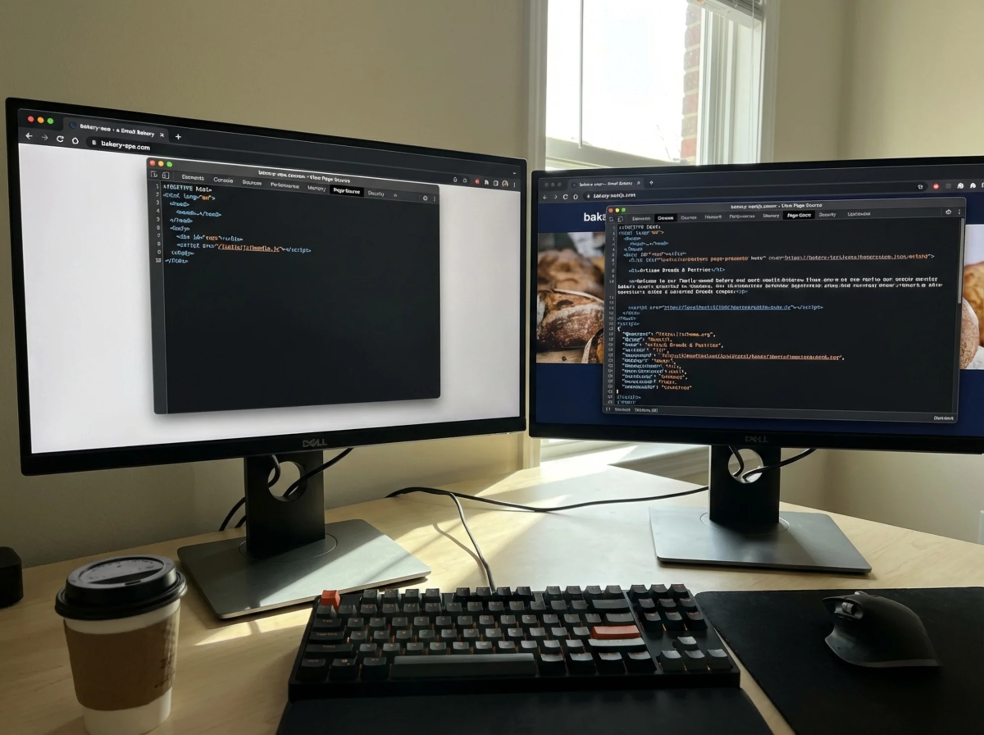 Developer tools "View Source" panel open on a React SPA showing only a bare HTML shell with a single div id="root" and no readable text content, contrasted with a Next.js page source showing full headings, paragraphs, and structured data visible in the raw HTML