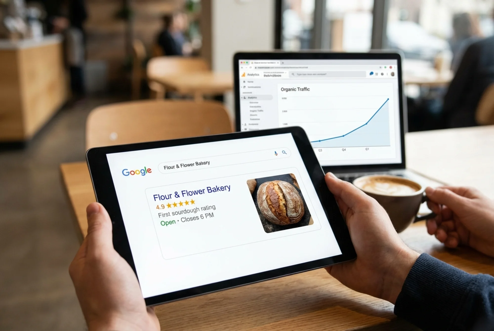 A local bakery website's Google search result showing a rich snippet with opening hours, star rating, and a product image — the site recently migrated from a React SPA to server-rendered pages — with a chart showing organic traffic climbing over the following three months