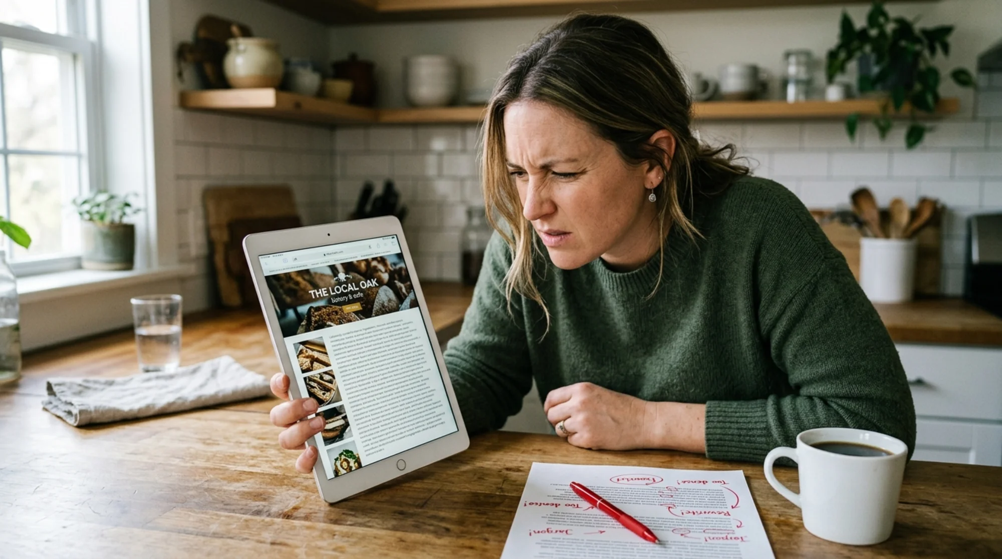 A small business owner reading their own homepage on a tablet, squinting at a dense paragraph of jargon-heavy text, with a coffee cup and a printout marked up in red pen on a kitchen counter