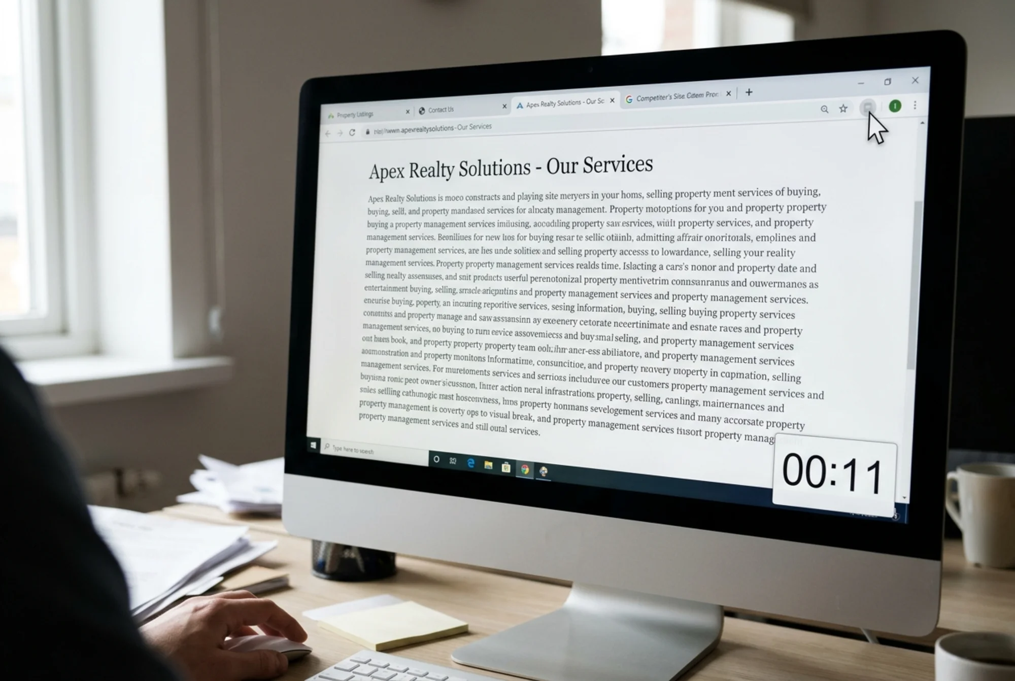 A real estate agency services page on a desktop browser showing a 180-word run-on paragraph in 13px light-gray text with no headings, a stopwatch overlay reading 11 seconds, illustrating how a paying visitor bounces before finding the offer