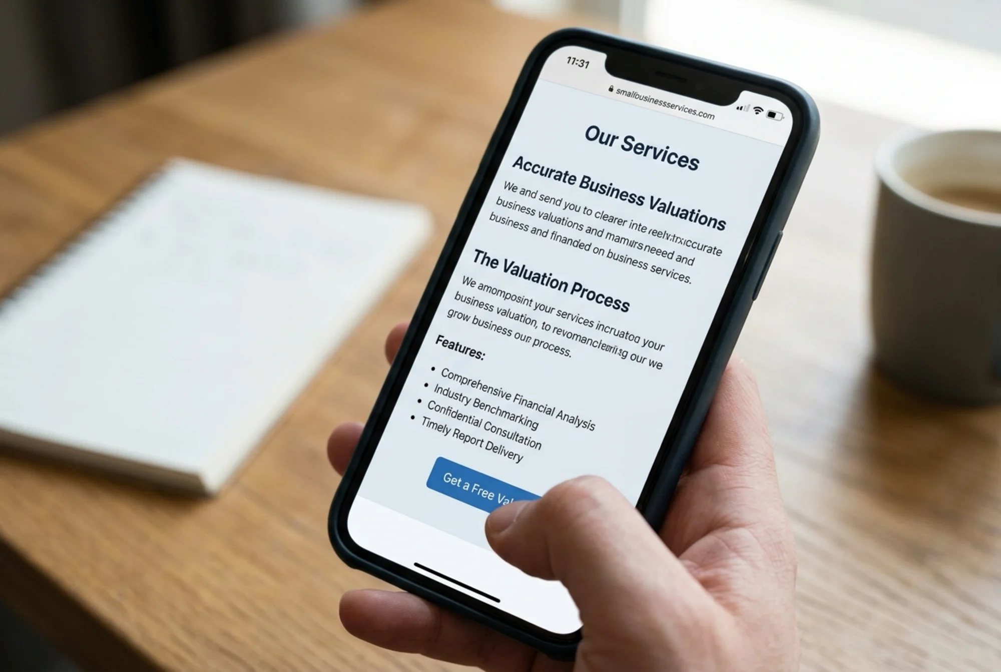The same services page after the rewrite, displayed on a mobile phone with clear H2 headings, short paragraphs, a bulleted feature list, and a customer's thumb tapping the "Get a Free Valuation" button