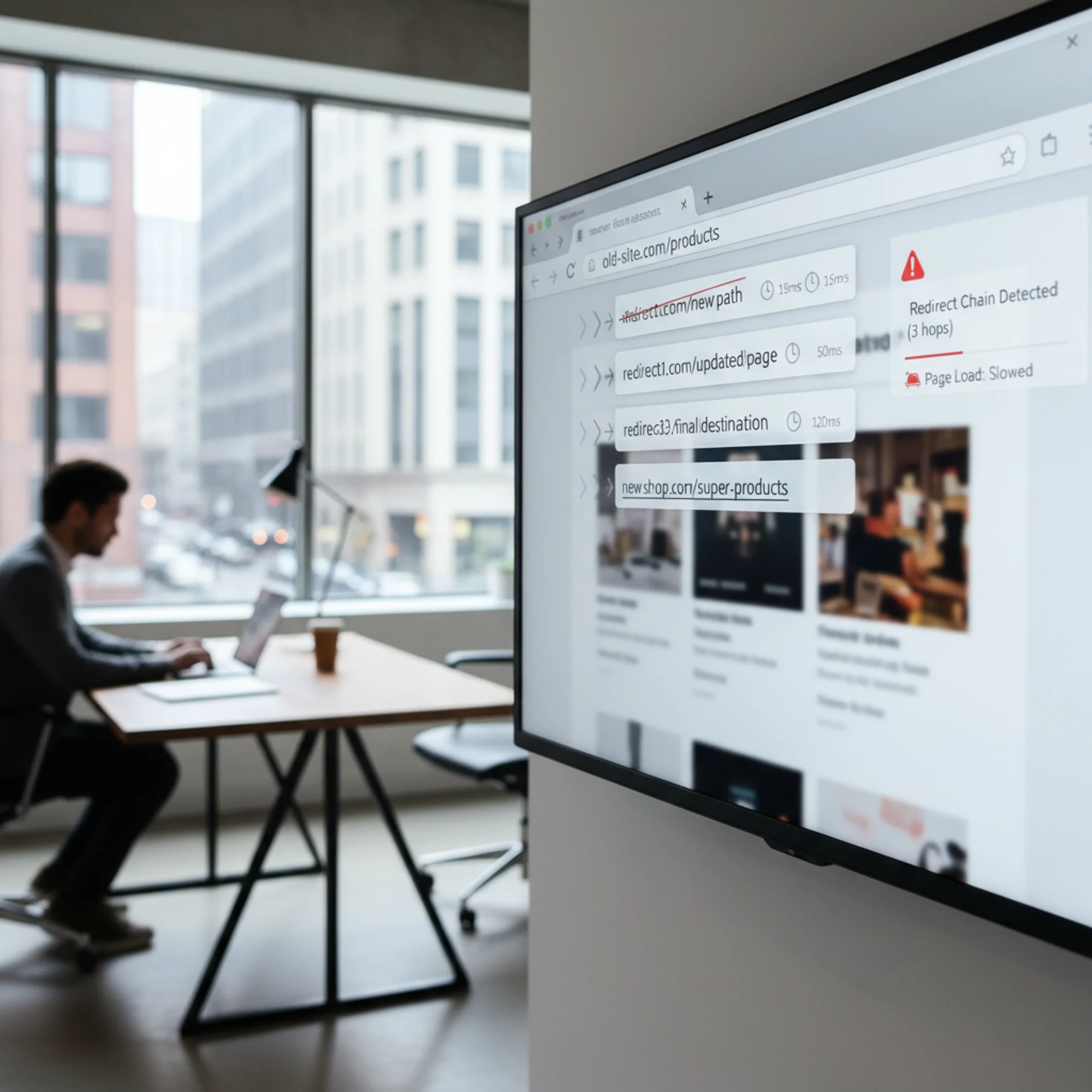 A browser address bar showing a URL bouncing through three intermediate URLs before reaching the final destination page, with small clock icons showing accumulated milliseconds at each redirect hop in the chain