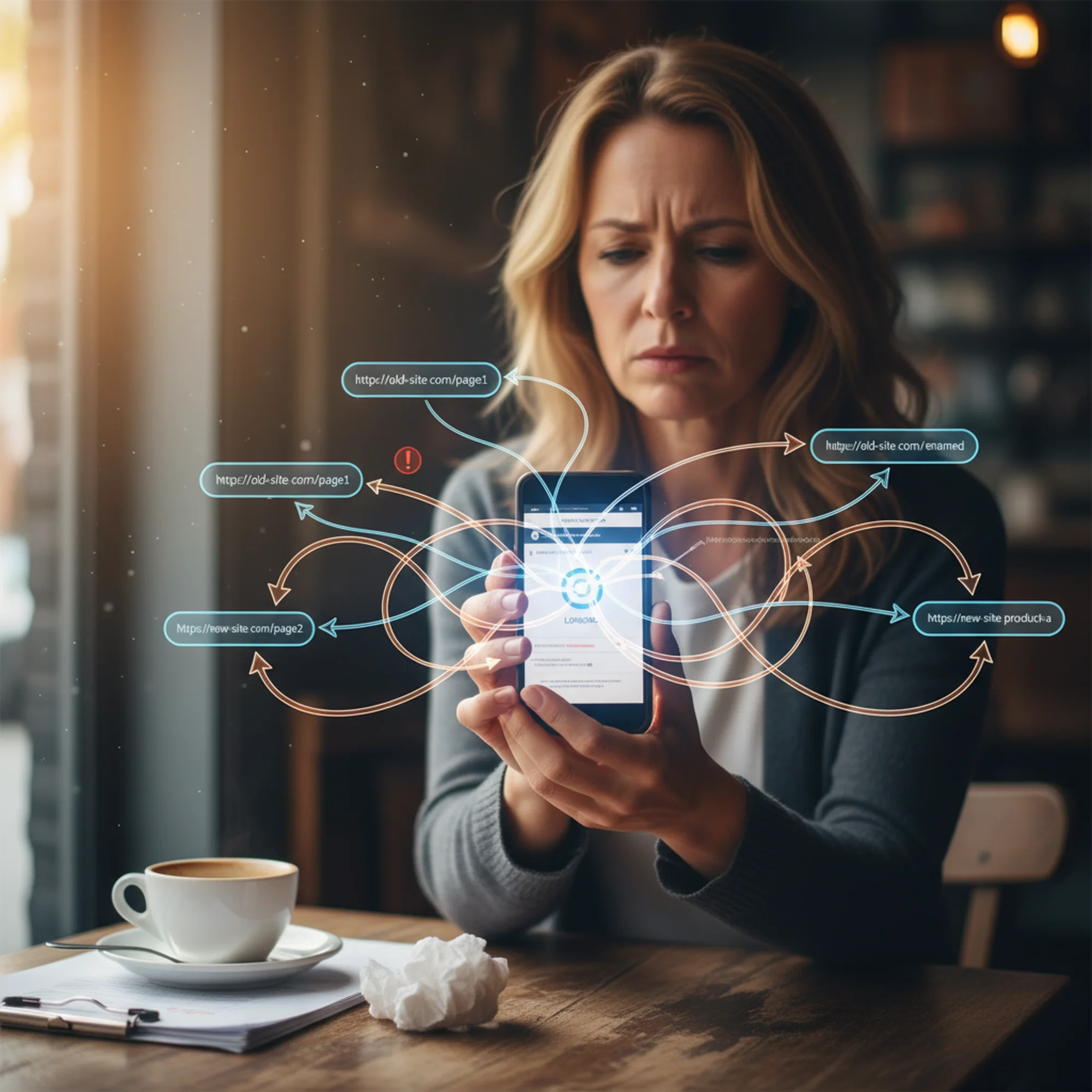 A small business owner staring at a slow-loading website on their phone while a translucent overlay reveals a tangled redirect chain map with arrows looping through old HTTP, HTTPS, and renamed URLs behind the screen