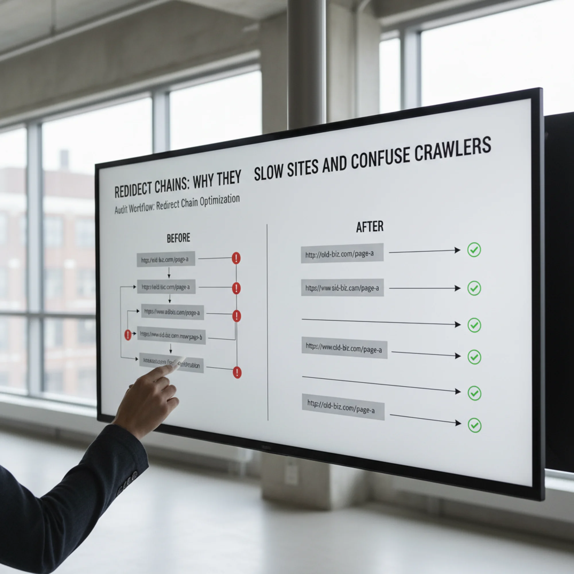 A split-screen redirect map comparison: the left panel shows a five-hop redirect chain from an old HTTP URL through HTTPS, www, and two page renames with red warning badges, the right panel shows each old URL pointing directly to the final destination with green checkmarks