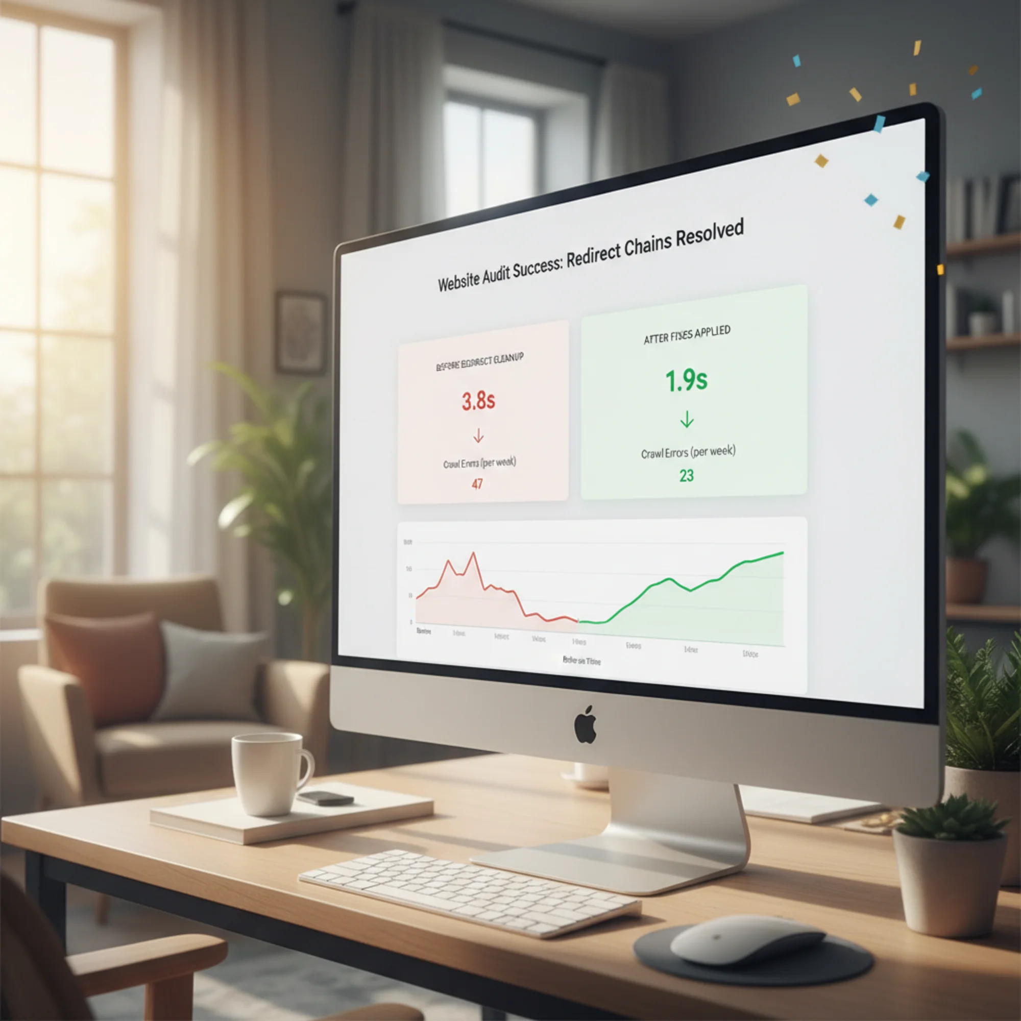 A website performance dashboard displaying before-and-after Core Web Vitals metrics with LCP dropping from 3.8s to 1.9s and crawl errors cut in half after redirect chain cleanup, with subtle confetti in the corner