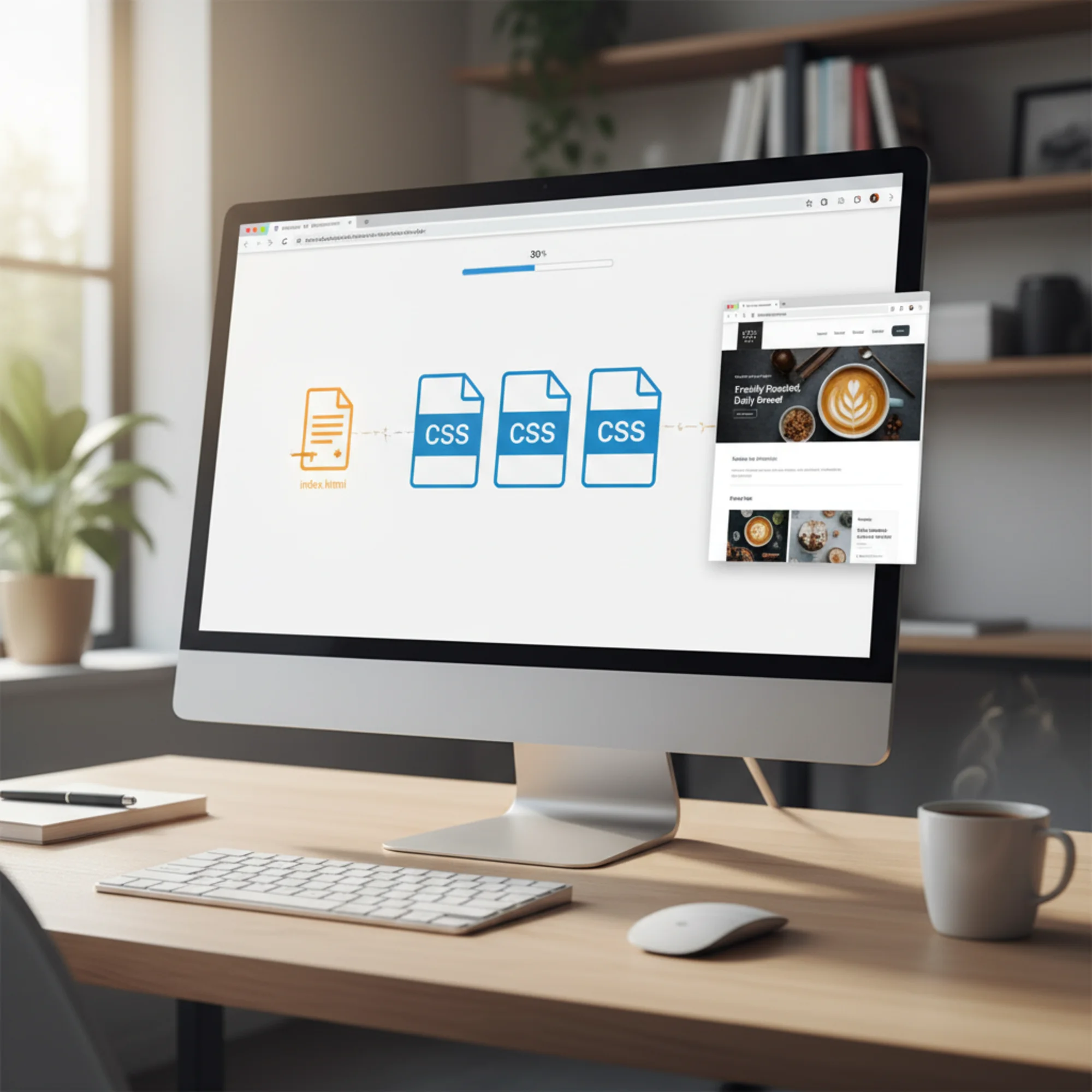 A browser loading bar stuck at 30% over a blank white page, with three large CSS file icons stacked like a dam between the HTML document and the rendered homepage content waiting behind them